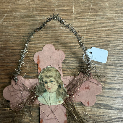 Antique German Victorian Cross Girl Scrap Ornament Christmas Tinsel