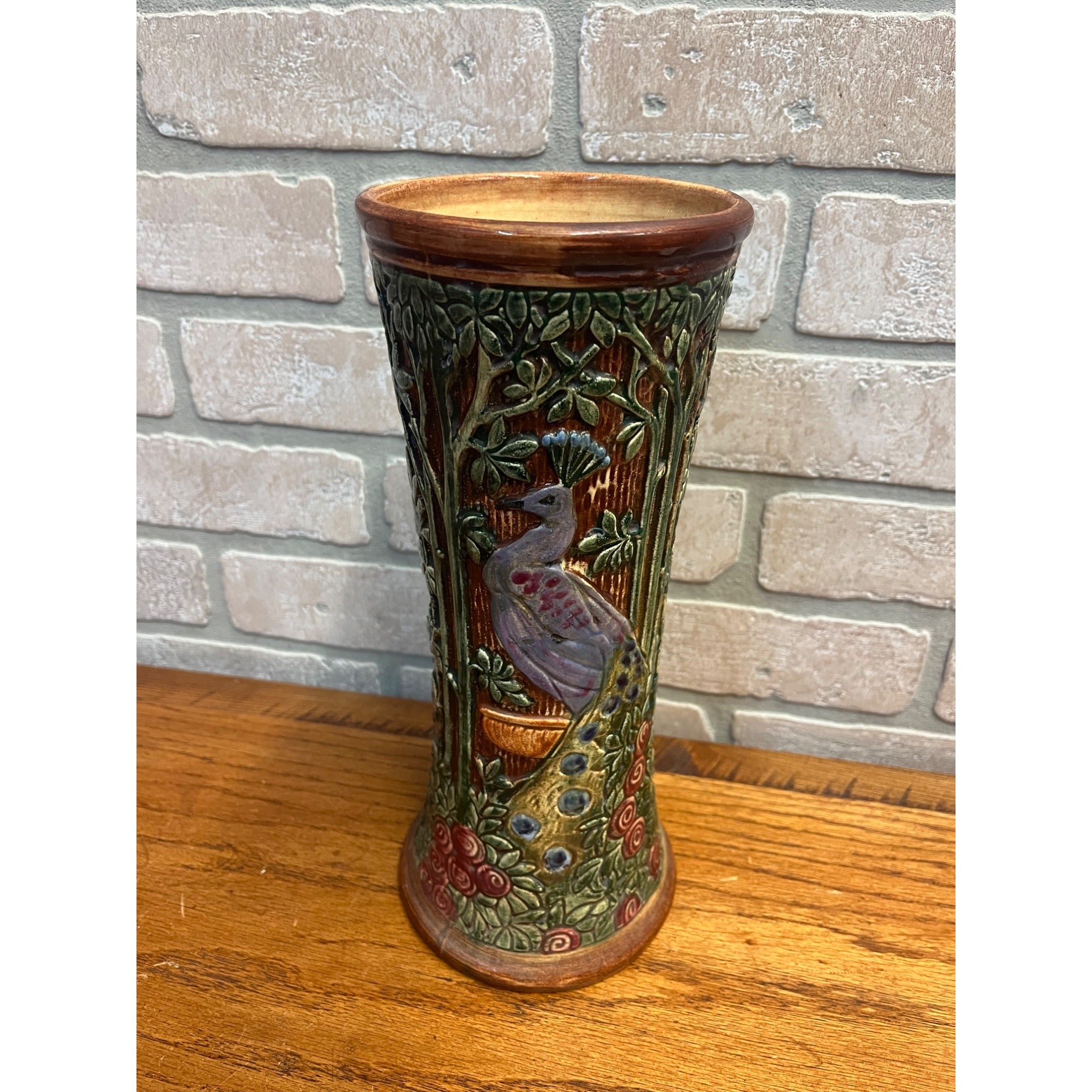 RARE Vintage Weller Selma Knifewood Peacock / Rose Garden 11.5" Vase