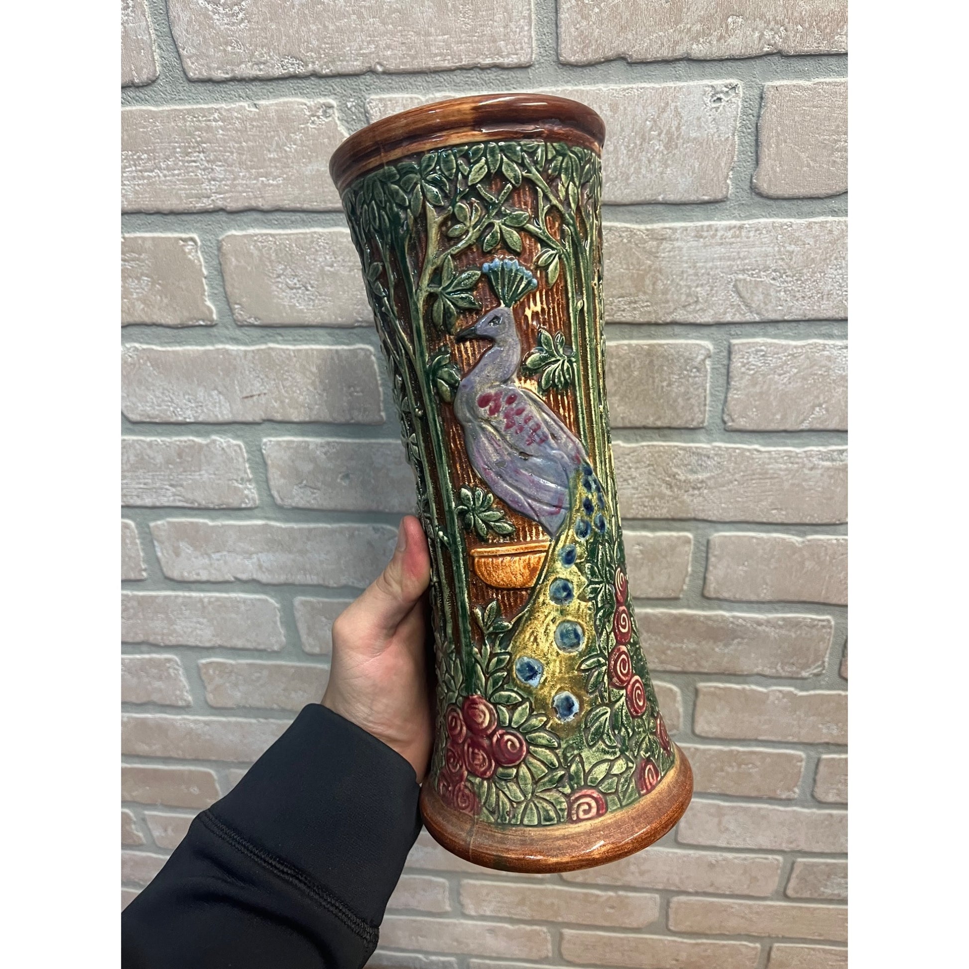 RARE Vintage Weller Selma Knifewood Peacock / Rose Garden 11.5" Vase