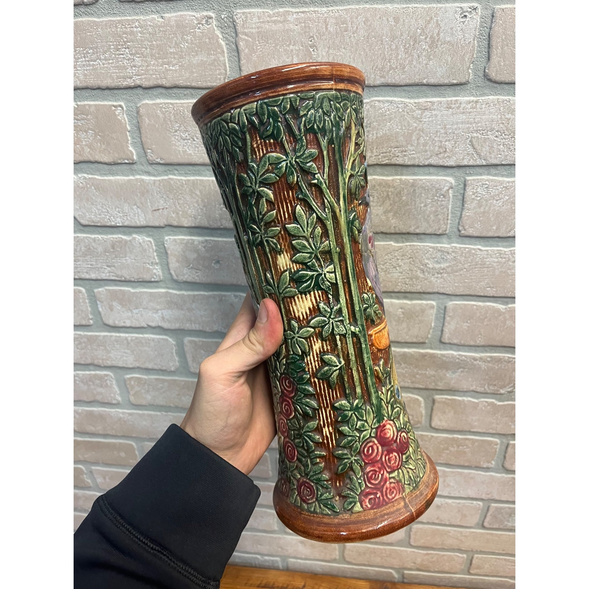 RARE Vintage Weller Selma Knifewood Peacock / Rose Garden 11.5" Vase