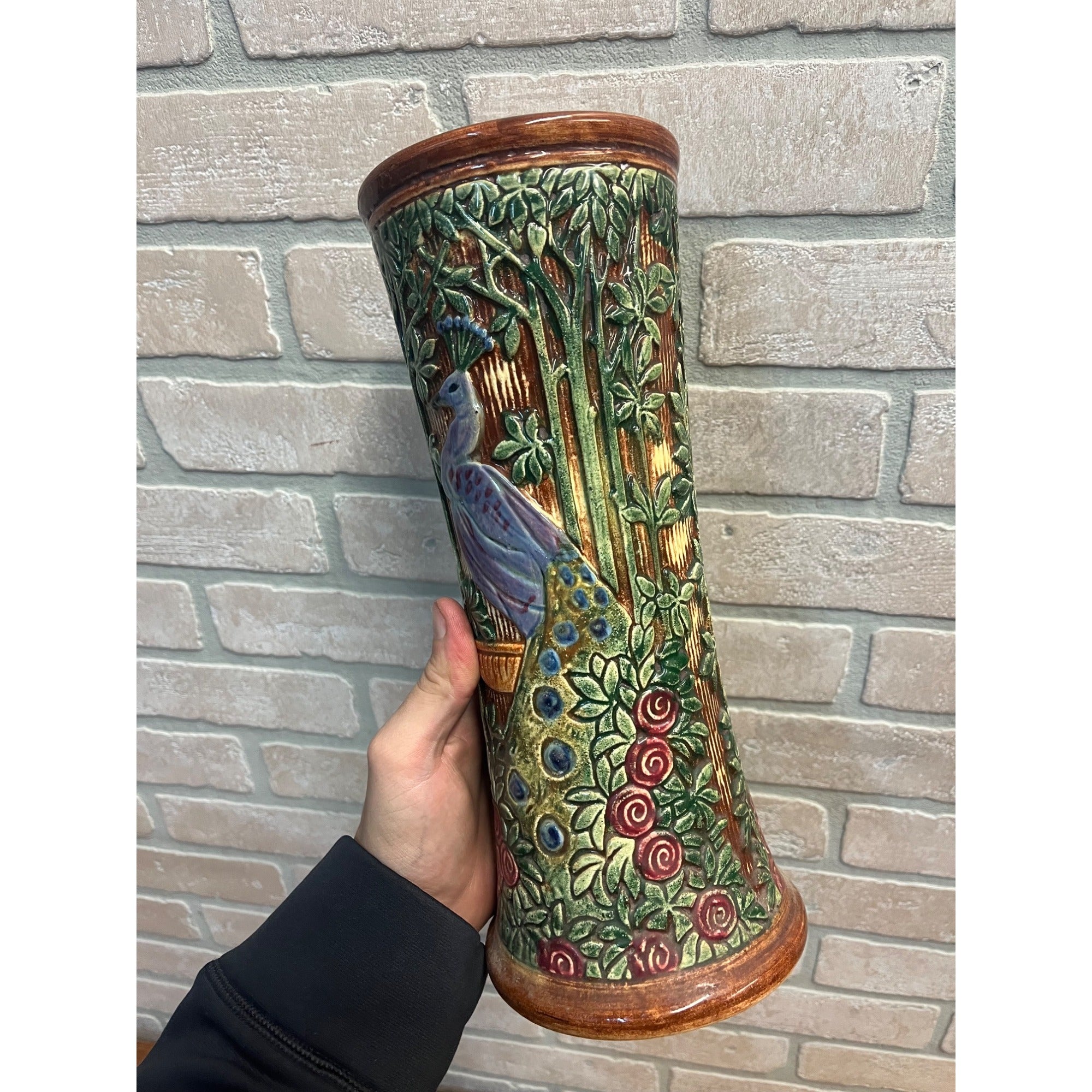 RARE Vintage Weller Selma Knifewood Peacock / Rose Garden 11.5" Vase