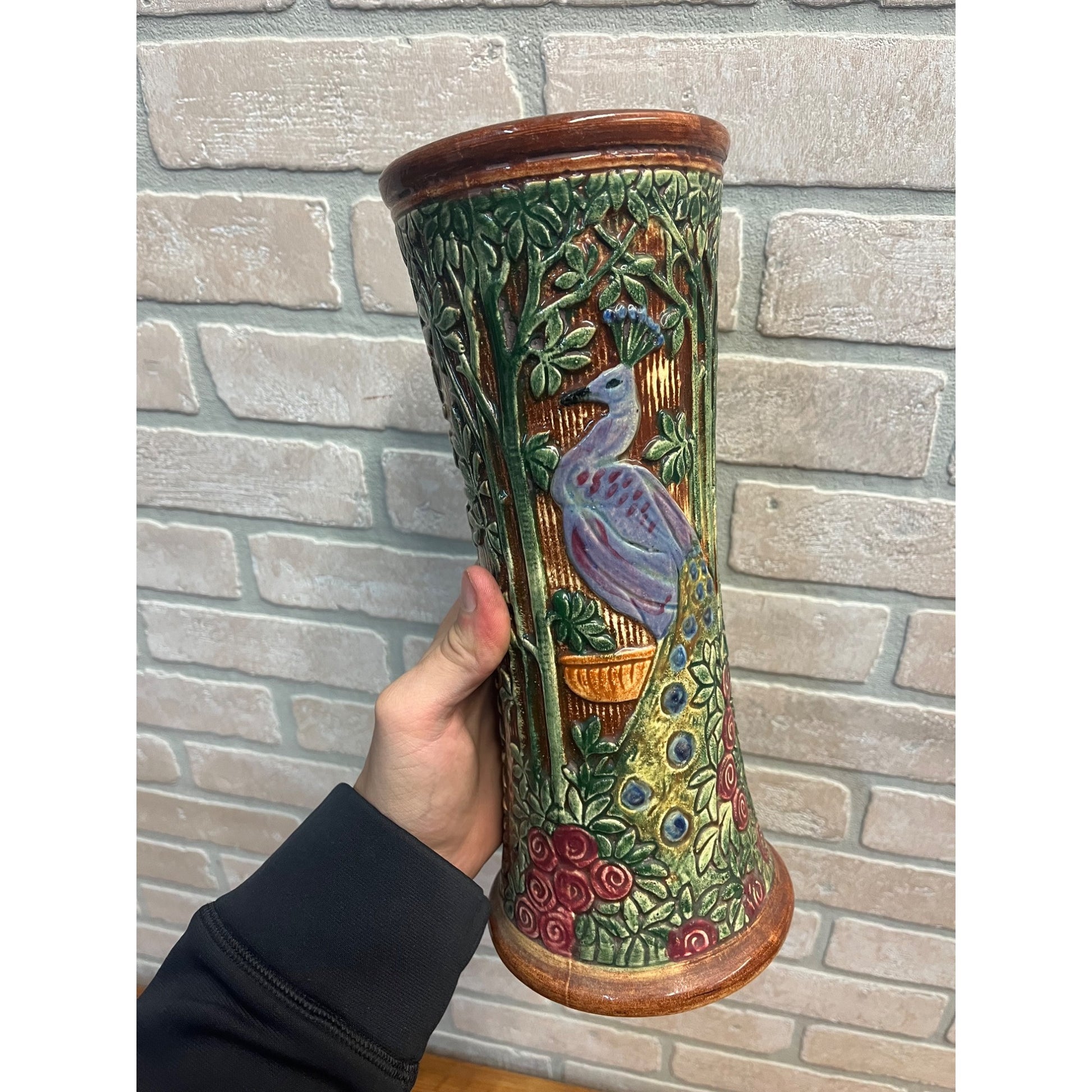 RARE Vintage Weller Selma Knifewood Peacock / Rose Garden 11.5" Vase