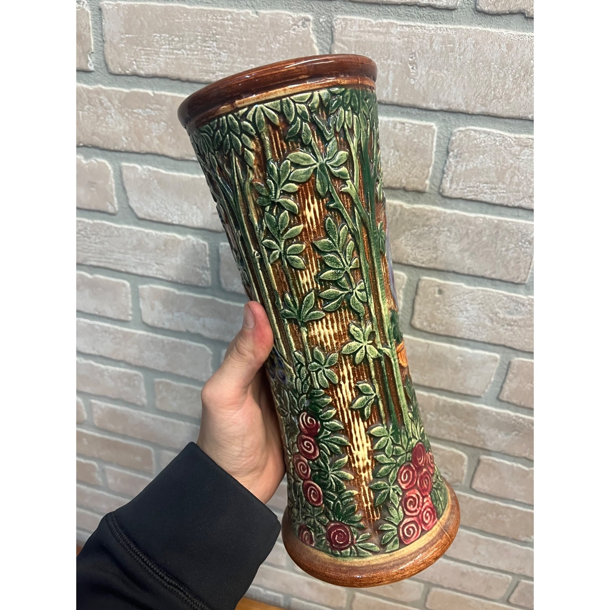 RARE Vintage Weller Selma Knifewood Peacock / Rose Garden 11.5" Vase