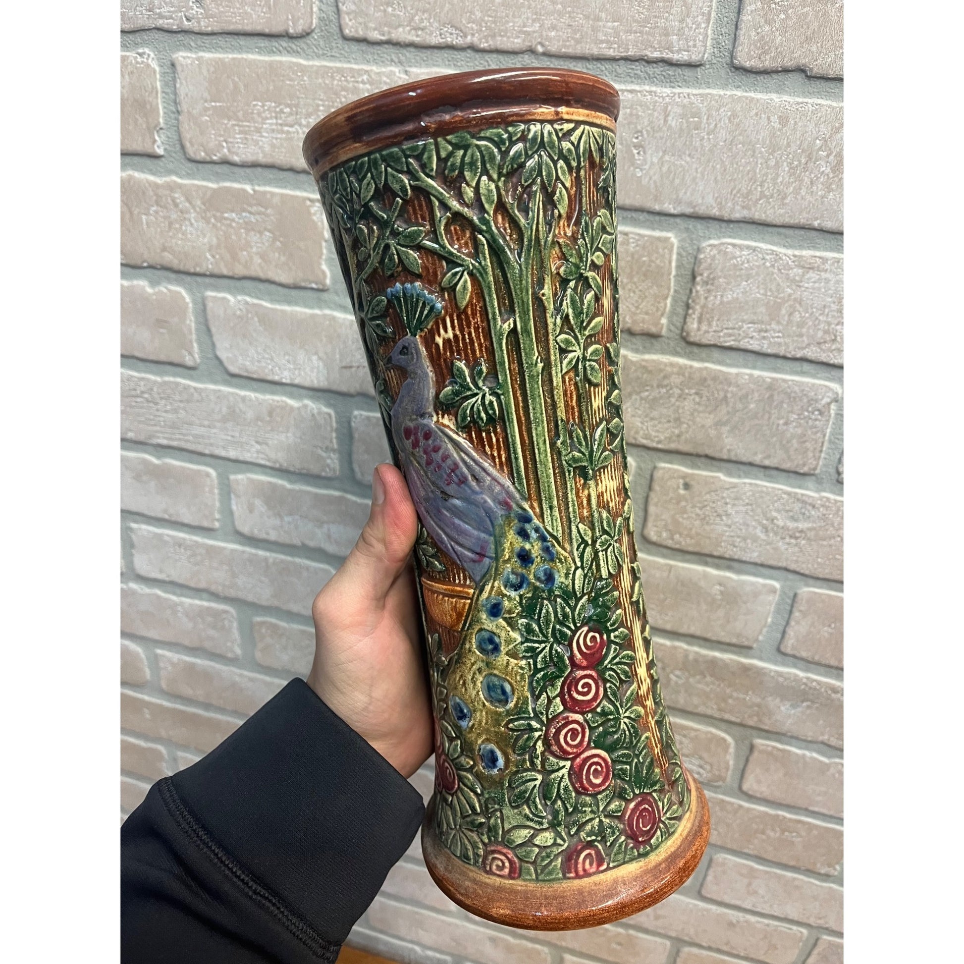 RARE Vintage Weller Selma Knifewood Peacock / Rose Garden 11.5" Vase