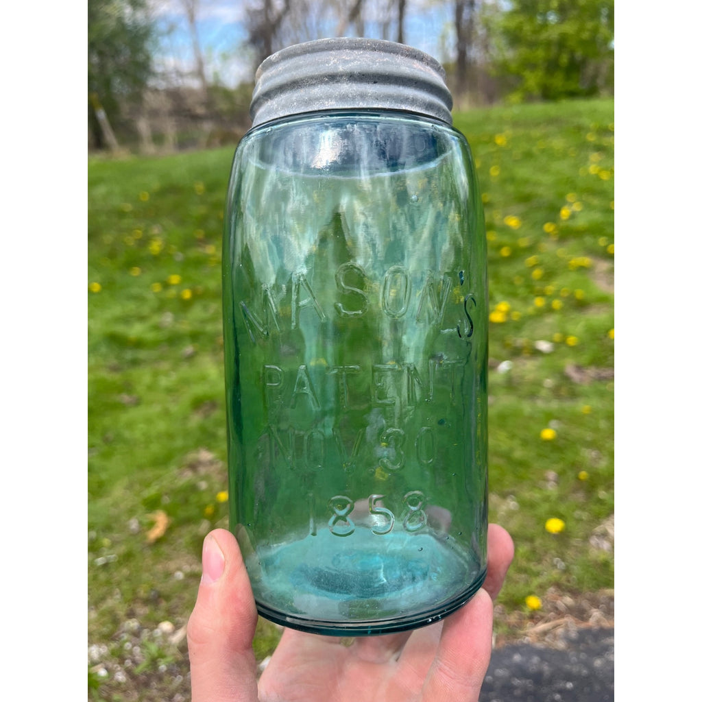Antique Masons Patent 1858 Aqua Blue Quart Glass Canning Jar Zinc Lid