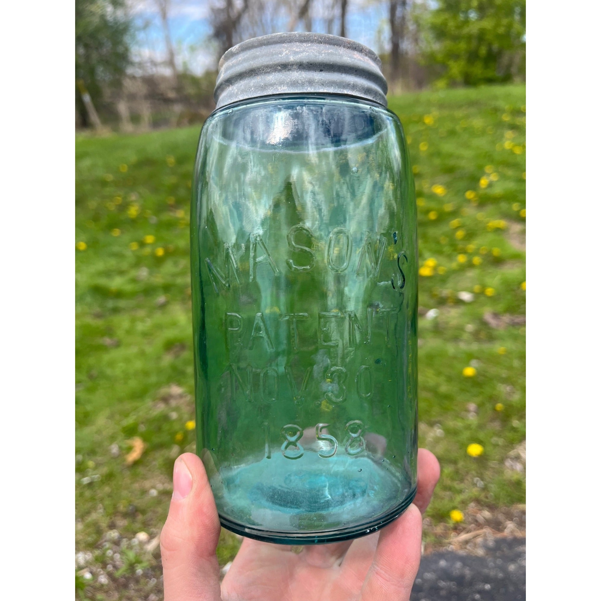 Antique Masons Patent 1858 Aqua Blue Quart Glass Canning Jar Zinc Lid