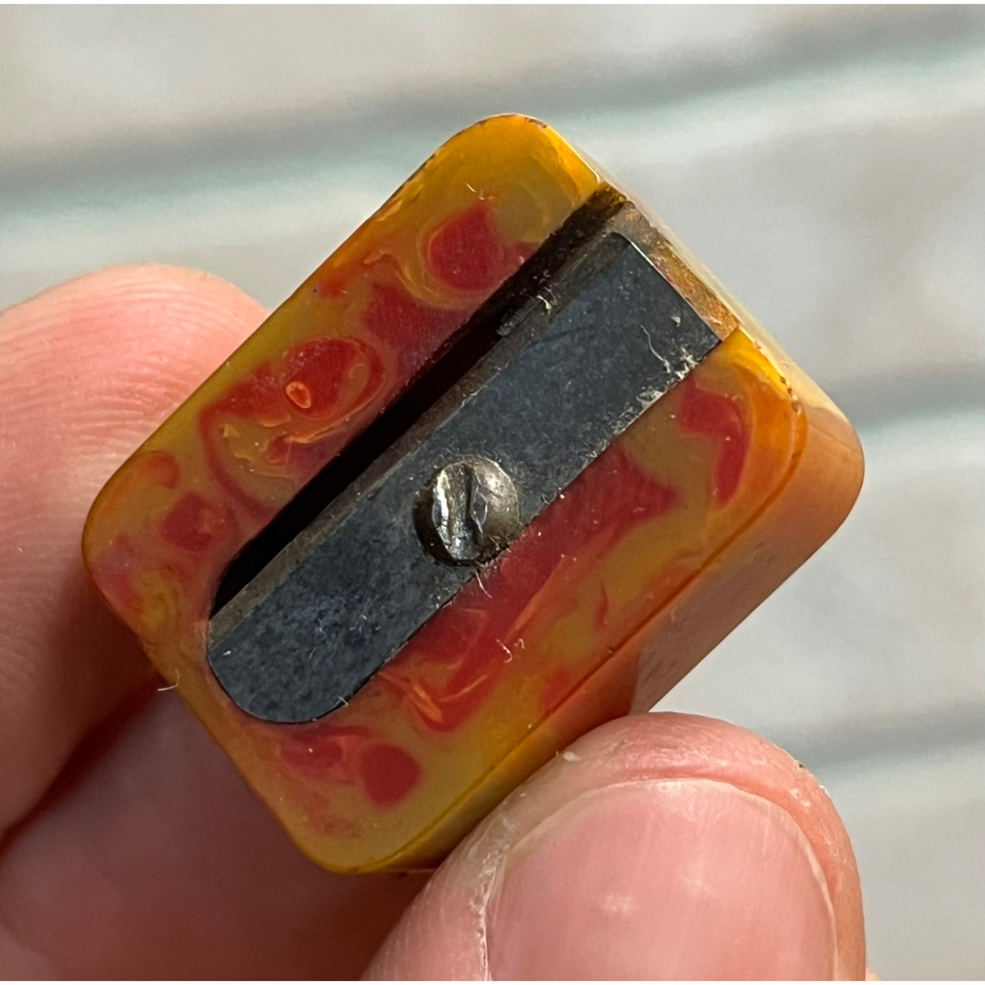 Vintage Swirled Bakelite Butterscotch Yellow & Red Pencil Sharpener