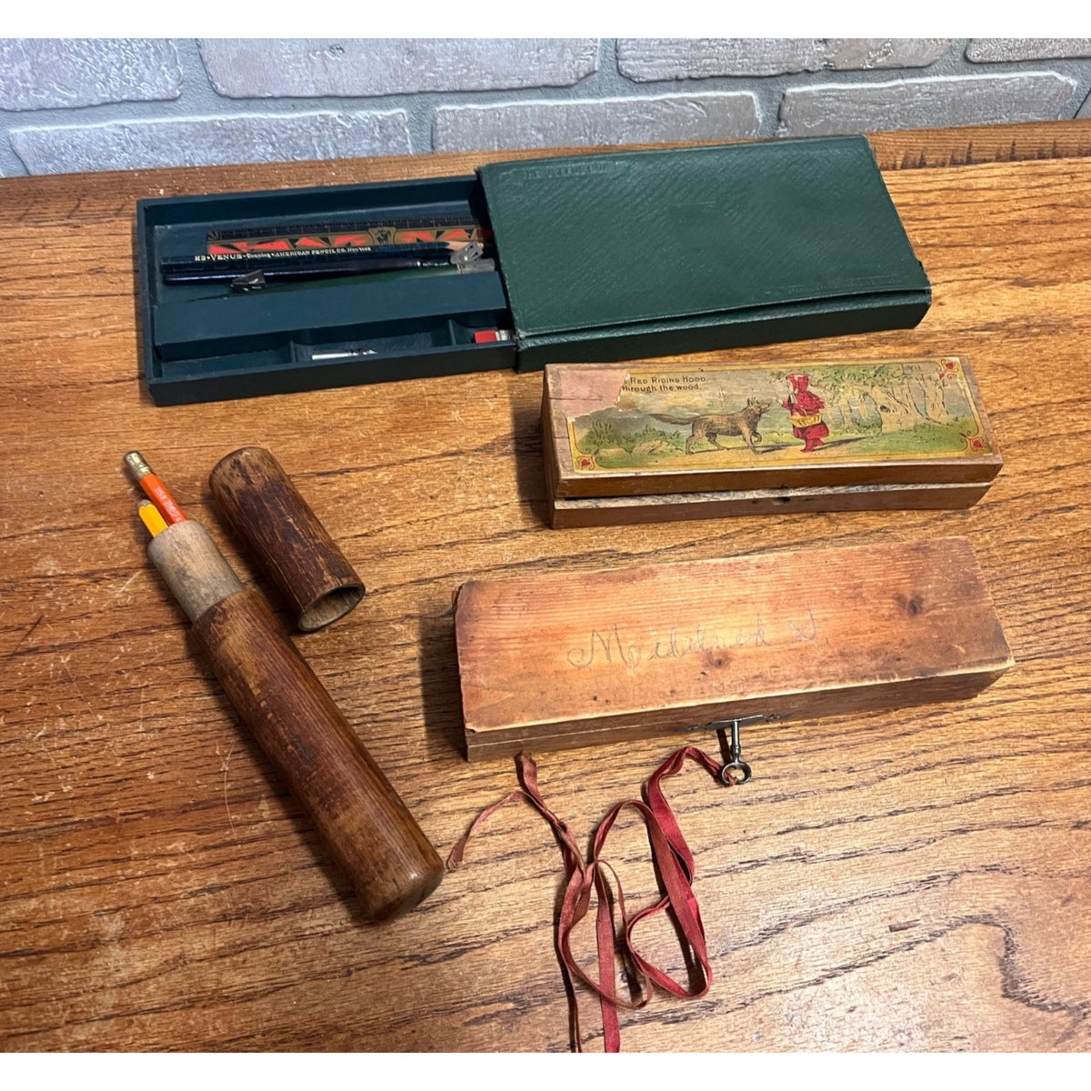 Antique Primitive Childrens Wooden Pencil Boxes Cases Little Red Riding Hood Lot