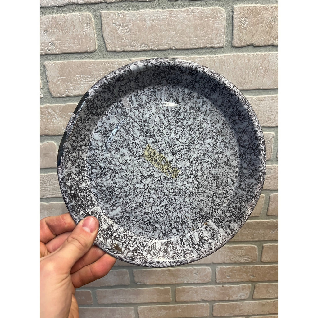 Antique Primitive Maroon & White Swirl Enamel Graniteware Round Pie Pan/ Baking Dish/ Farmhouse Decor, Gray