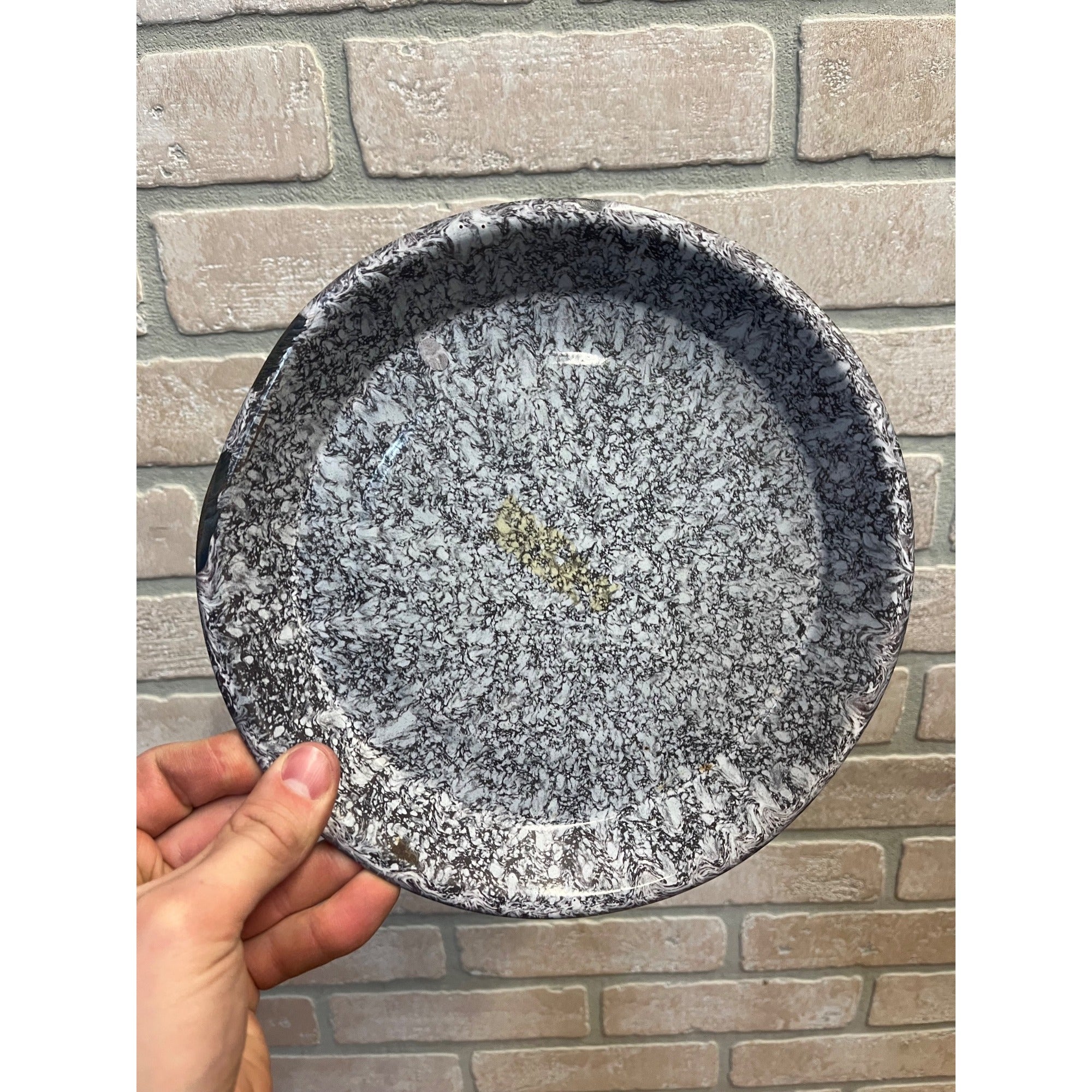 Antique Primitive Maroon & White Swirl Enamel Graniteware Round Pie Pan/ Baking Dish/ Farmhouse Decor, Gray