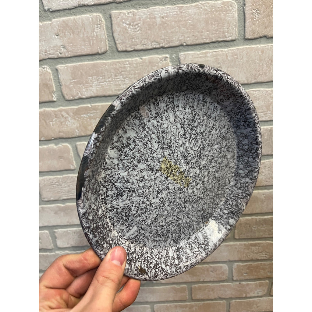 Antique Primitive Maroon & White Swirl Enamel Graniteware Round Pie Pan/ Baking Dish/ Farmhouse Decor, Gray