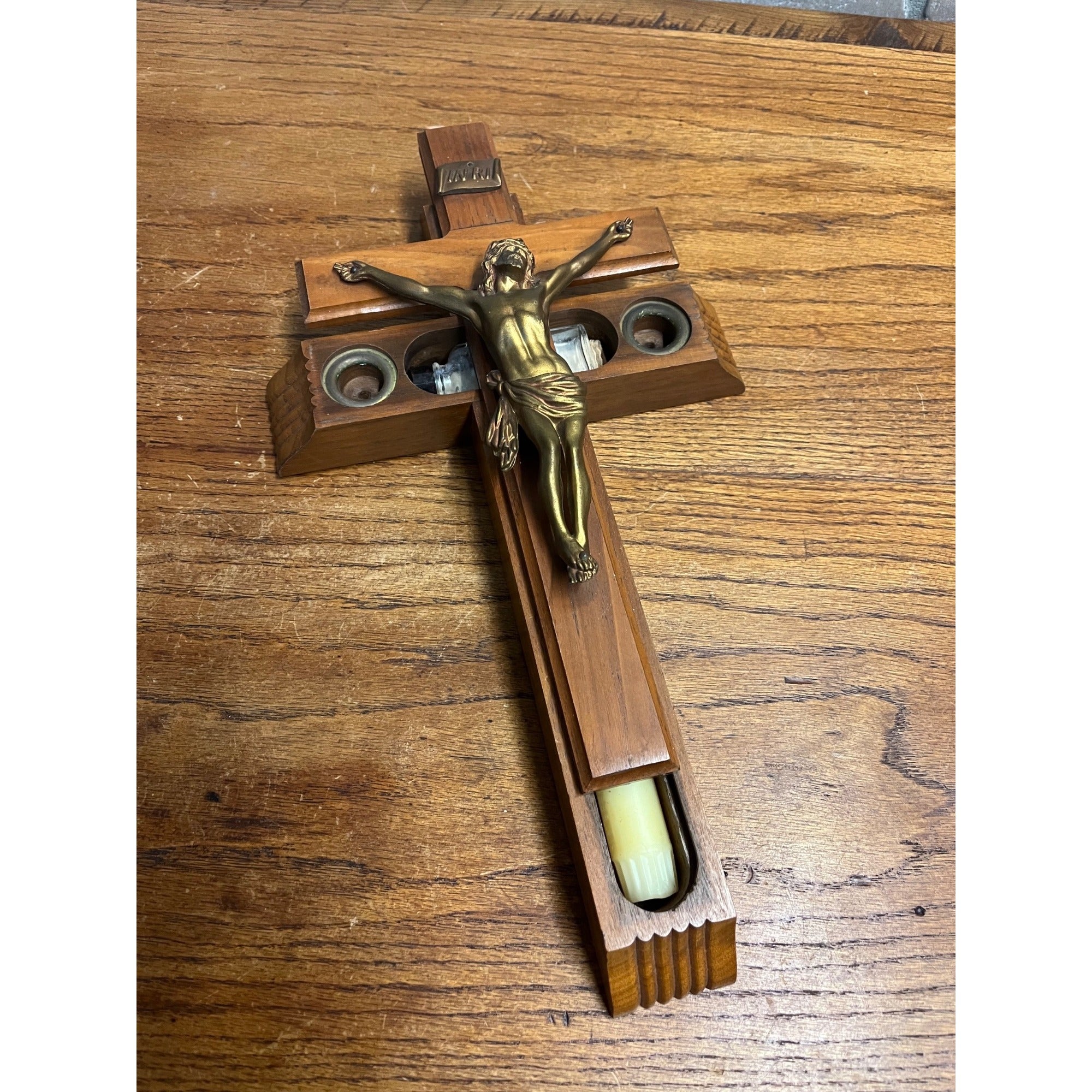 Vintage Last Rights Crucifix w/ Candles & Holy Water Bottle Sliding Box Wood 13"