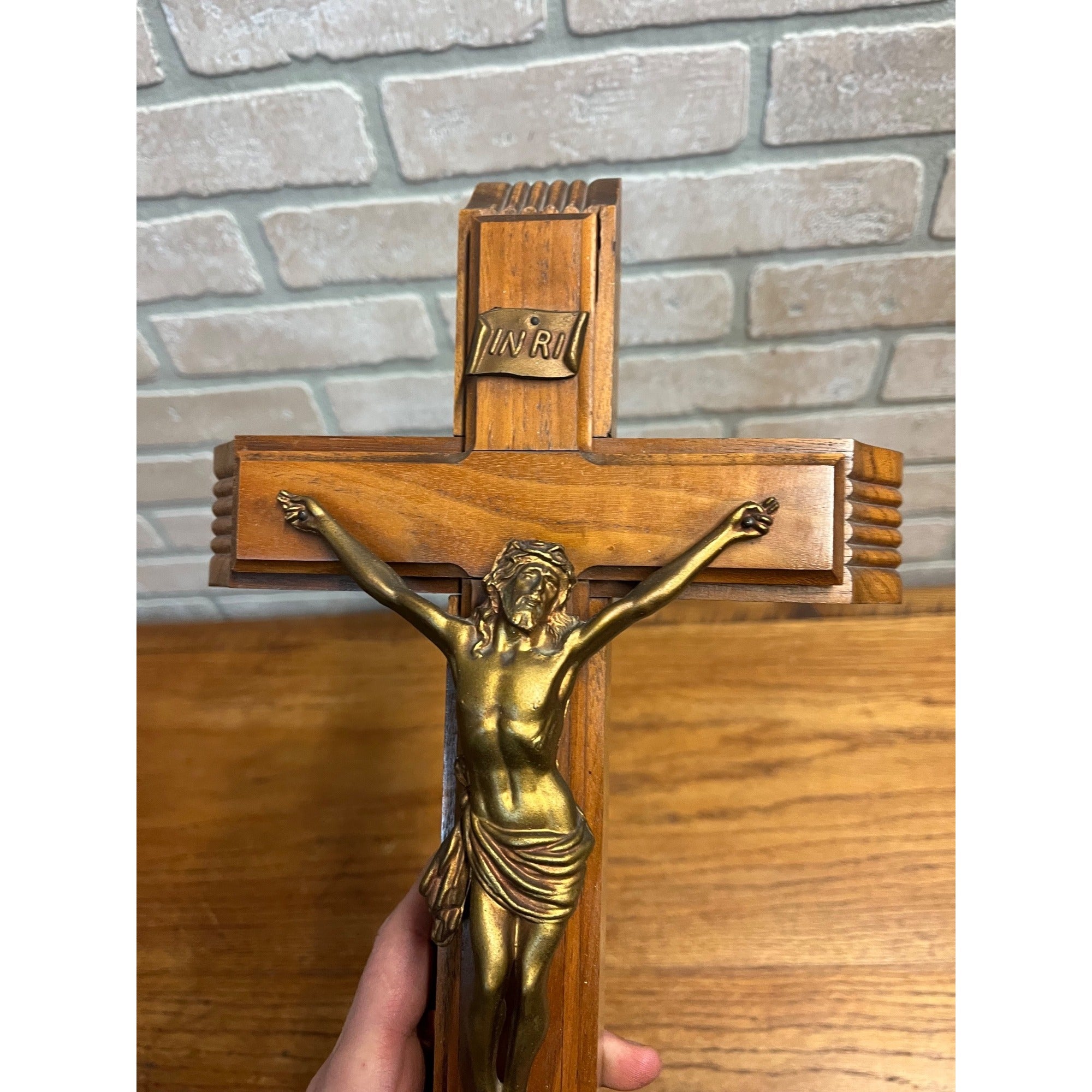 Vintage Last Rights Crucifix w/ Candles & Holy Water Bottle Sliding Box Wood 13"