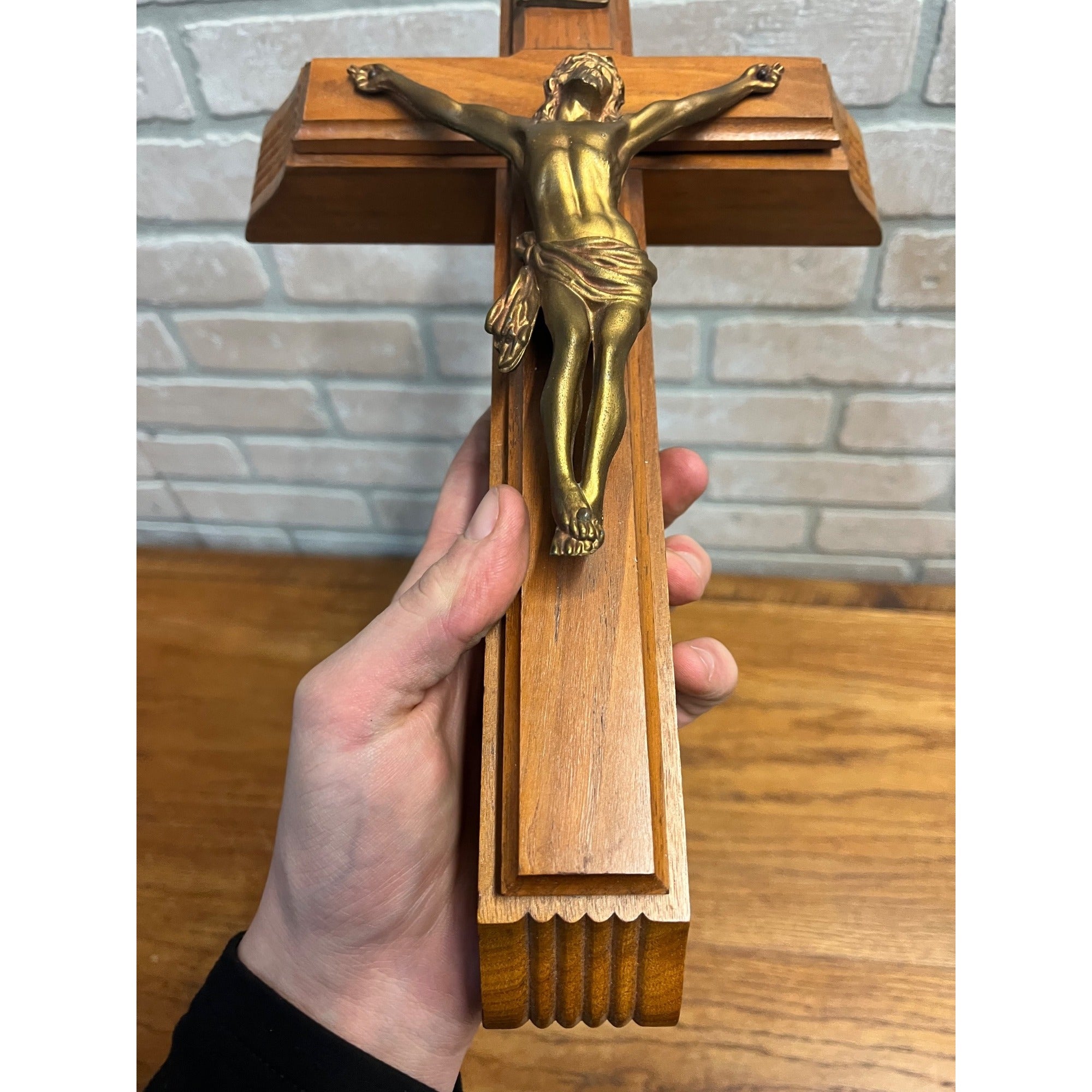 Vintage Last Rights Crucifix w/ Candles & Holy Water Bottle Sliding Box Wood 13"