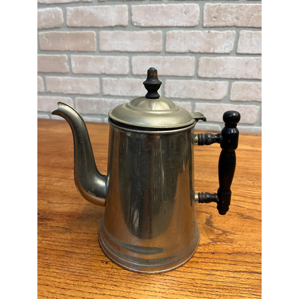Antique Nickel Plated Copper Tea Coffee Pot w/ Wood Handles Primitive Farmhouse