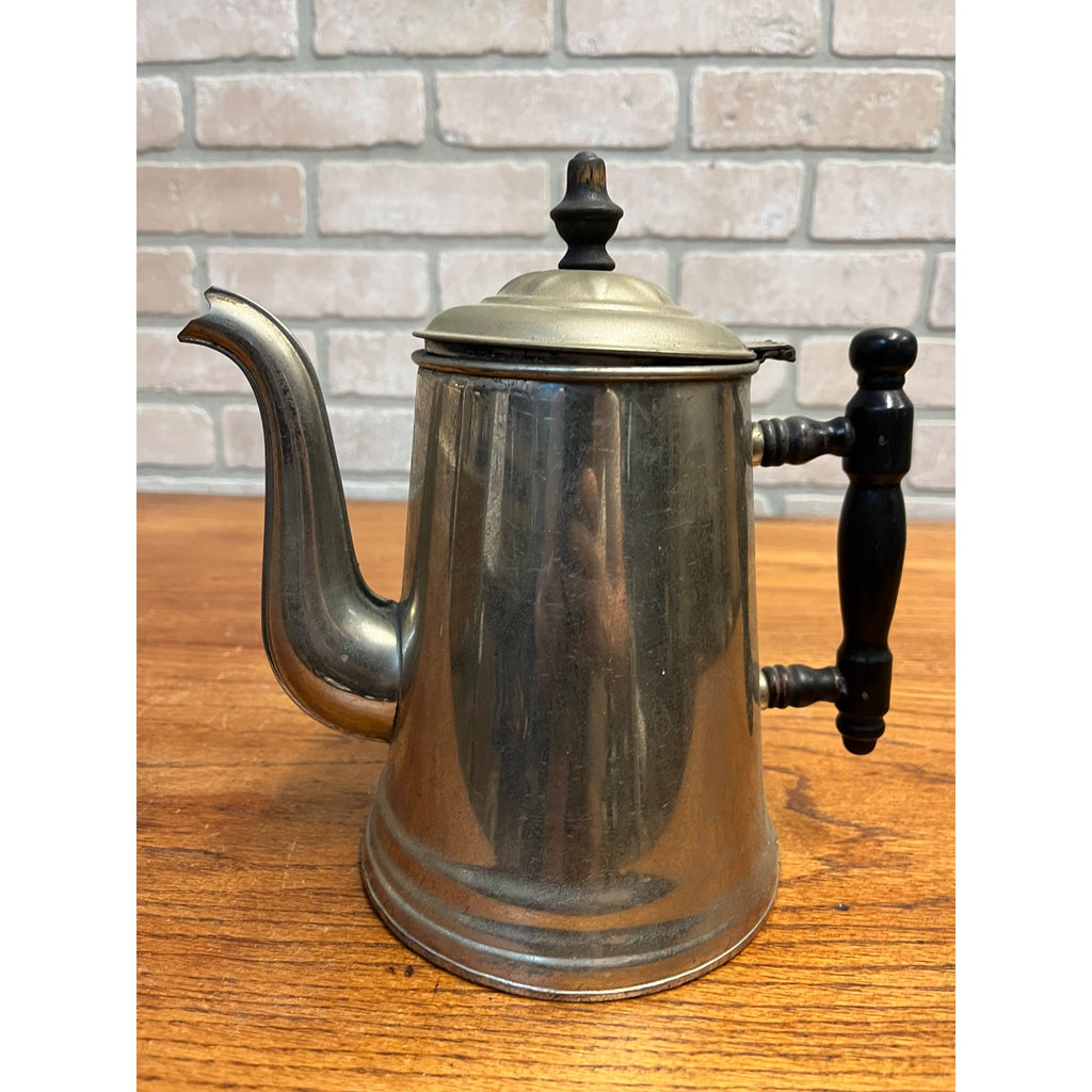Antique Nickel Plated Copper Tea Coffee Pot w/ Wood Handles Primitive Farmhouse