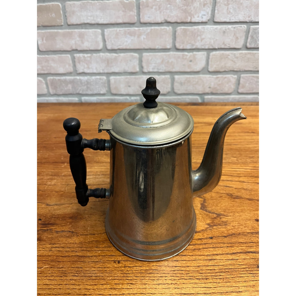 Antique Nickel Plated Copper Tea Coffee Pot w/ Wood Handles Primitive Farmhouse