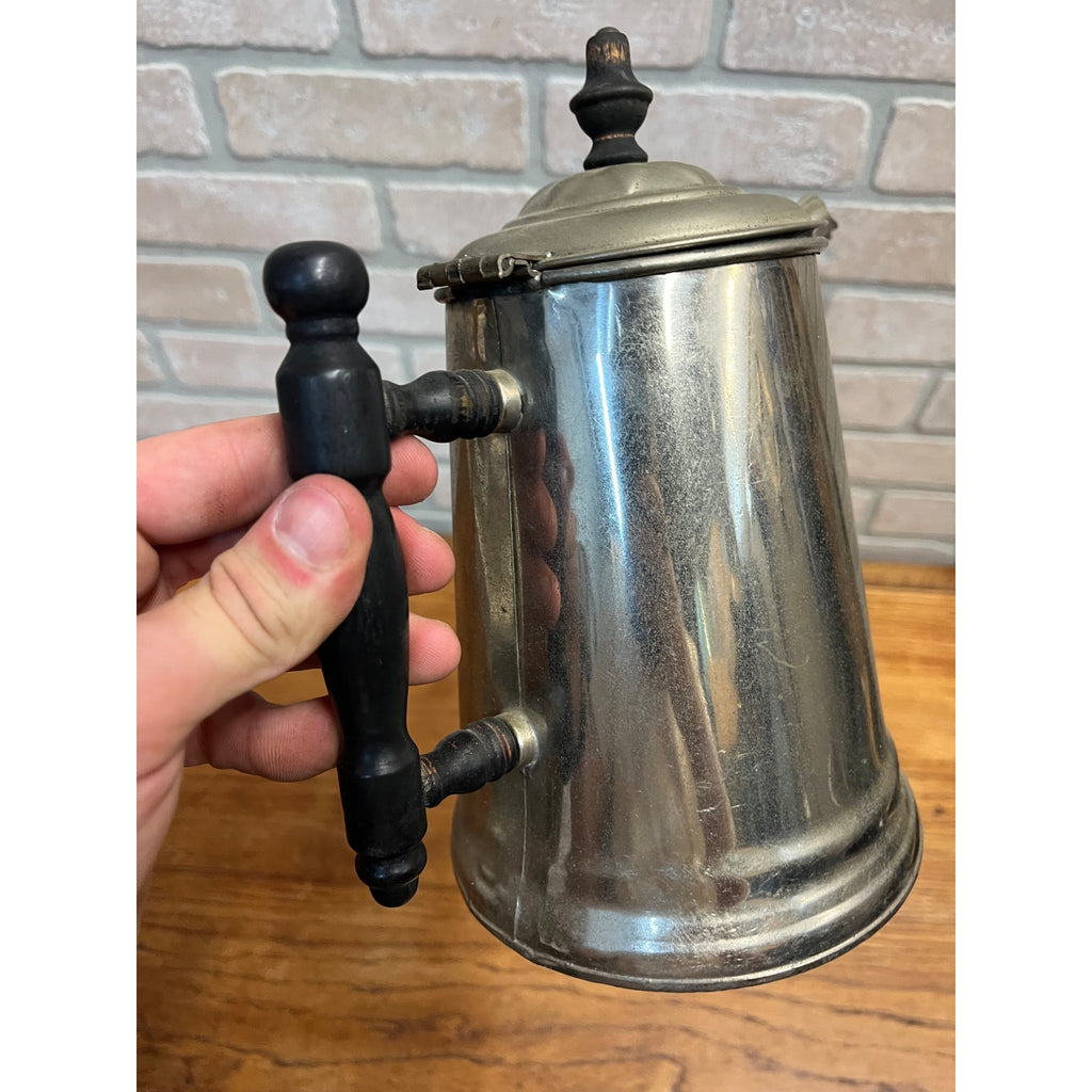 Antique Nickel Plated Copper Tea Coffee Pot w/ Wood Handles Primitive Farmhouse