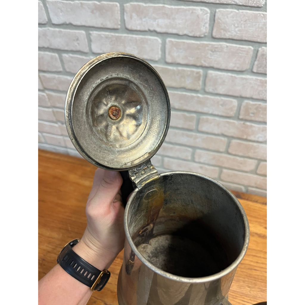 Antique Nickel Plated Copper Tea Coffee Pot w/ Wood Handles Primitive Farmhouse