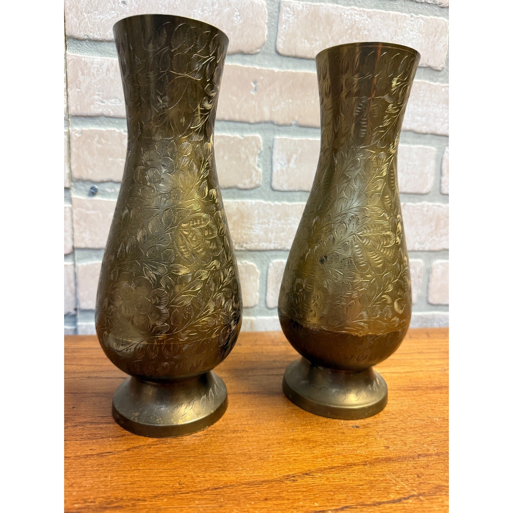 Vintage Footed Brass Vase Pair Hand-Carved Engravings Made In India Bohemian Decor