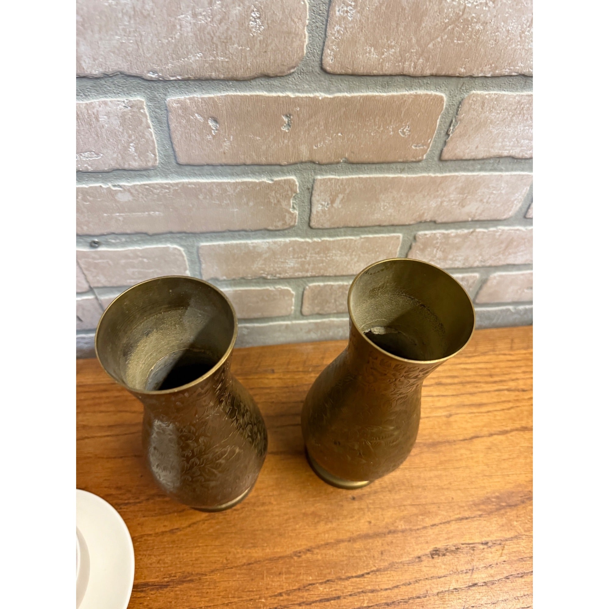 Vintage Footed Brass Vase Pair Hand-Carved Engravings Made In India Bohemian Decor