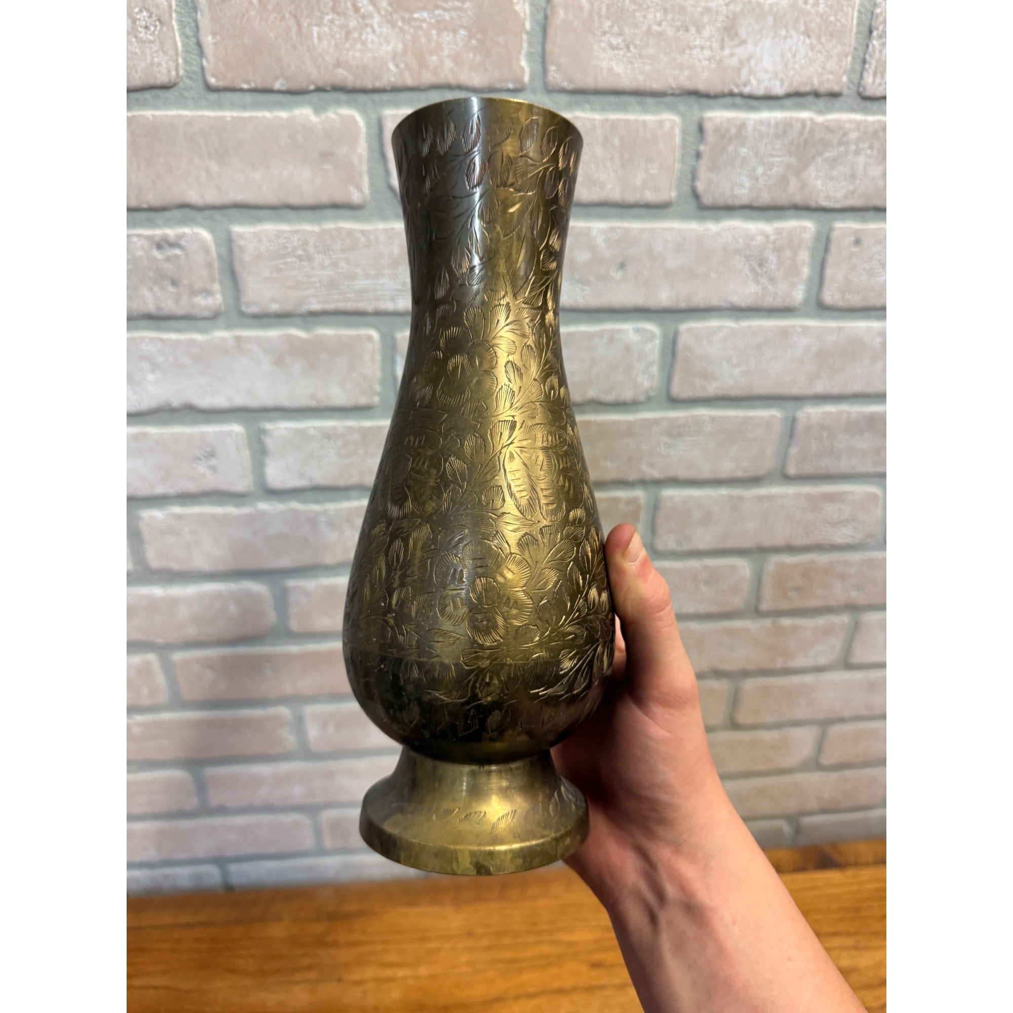 Vintage Footed Brass Vase Pair Hand-Carved Engravings Made In India Bohemian Decor