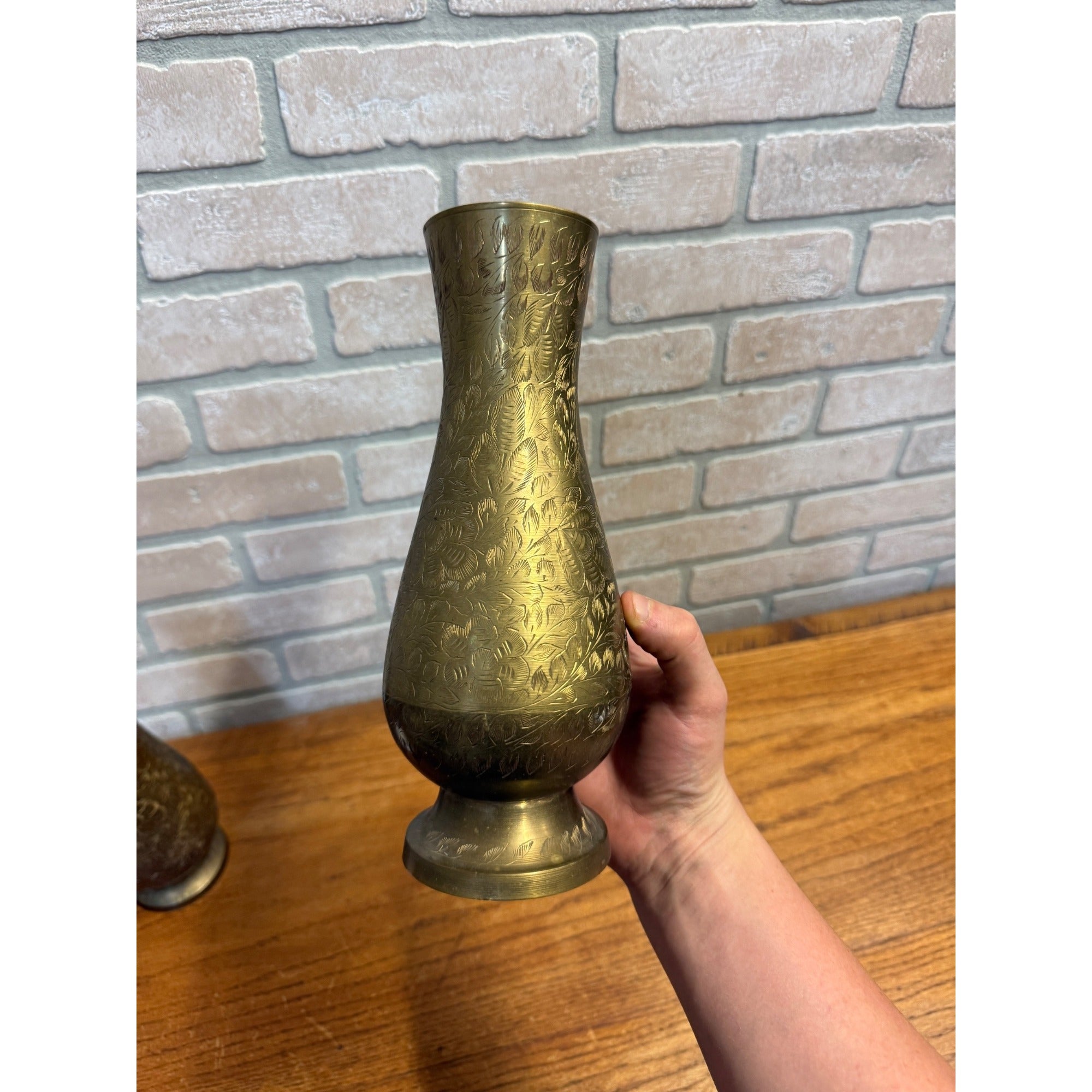Vintage Footed Brass Vase Pair Hand-Carved Engravings Made In India Bohemian Decor