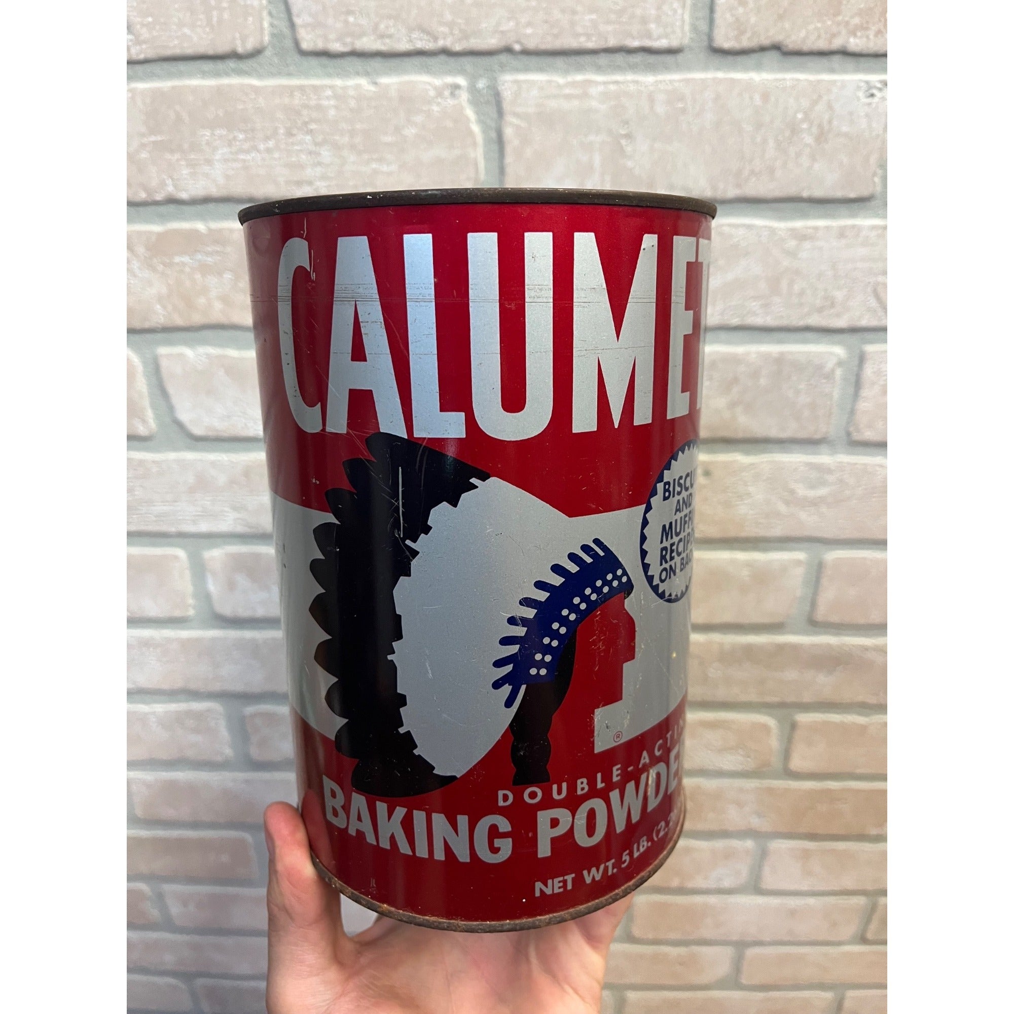 Vintage 1950s Calumet Baking Powder Tin Advertising Can Kitchen Decor 5lb Large