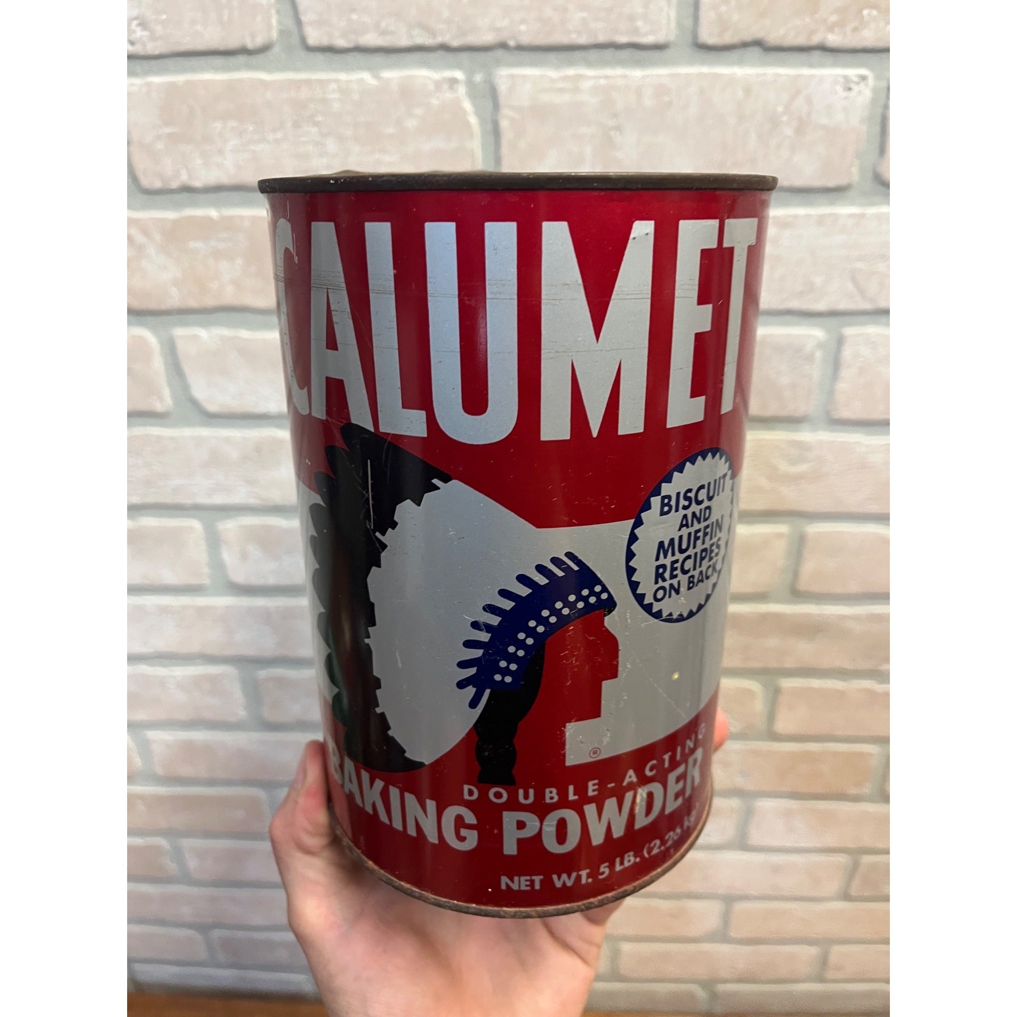 Vintage 1950s Calumet Baking Powder Tin Advertising Can Kitchen Decor 5lb Large