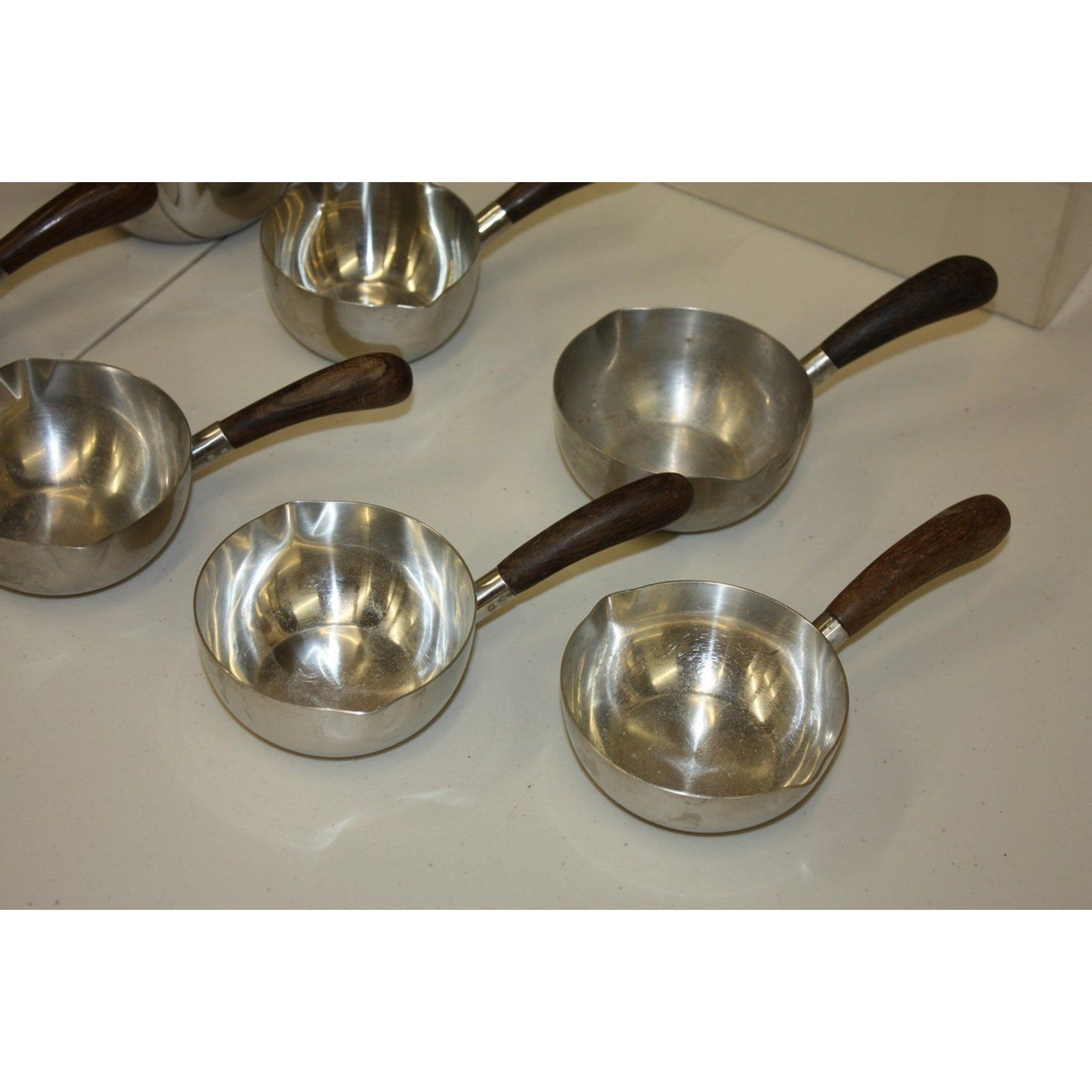 Vintage 1960s MCM Lundtofte Denmark Stainless Steel Rosewood Sauce Warmer Pans