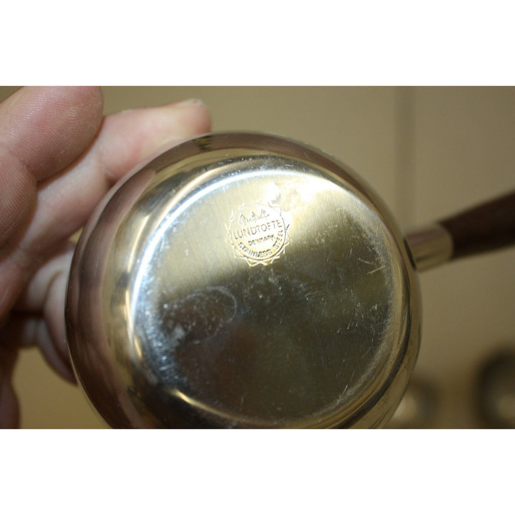 Vintage 1960s MCM Lundtofte Denmark Stainless Steel Rosewood Sauce Warmer Pans