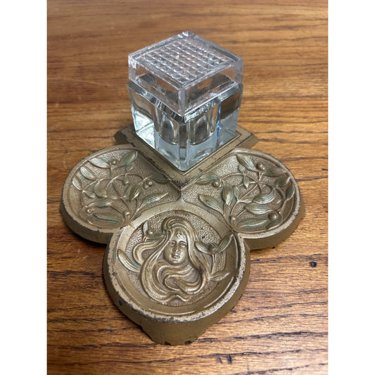 Antique Victorian Art Nouveau Cast Iron Inkwell Tray Woman