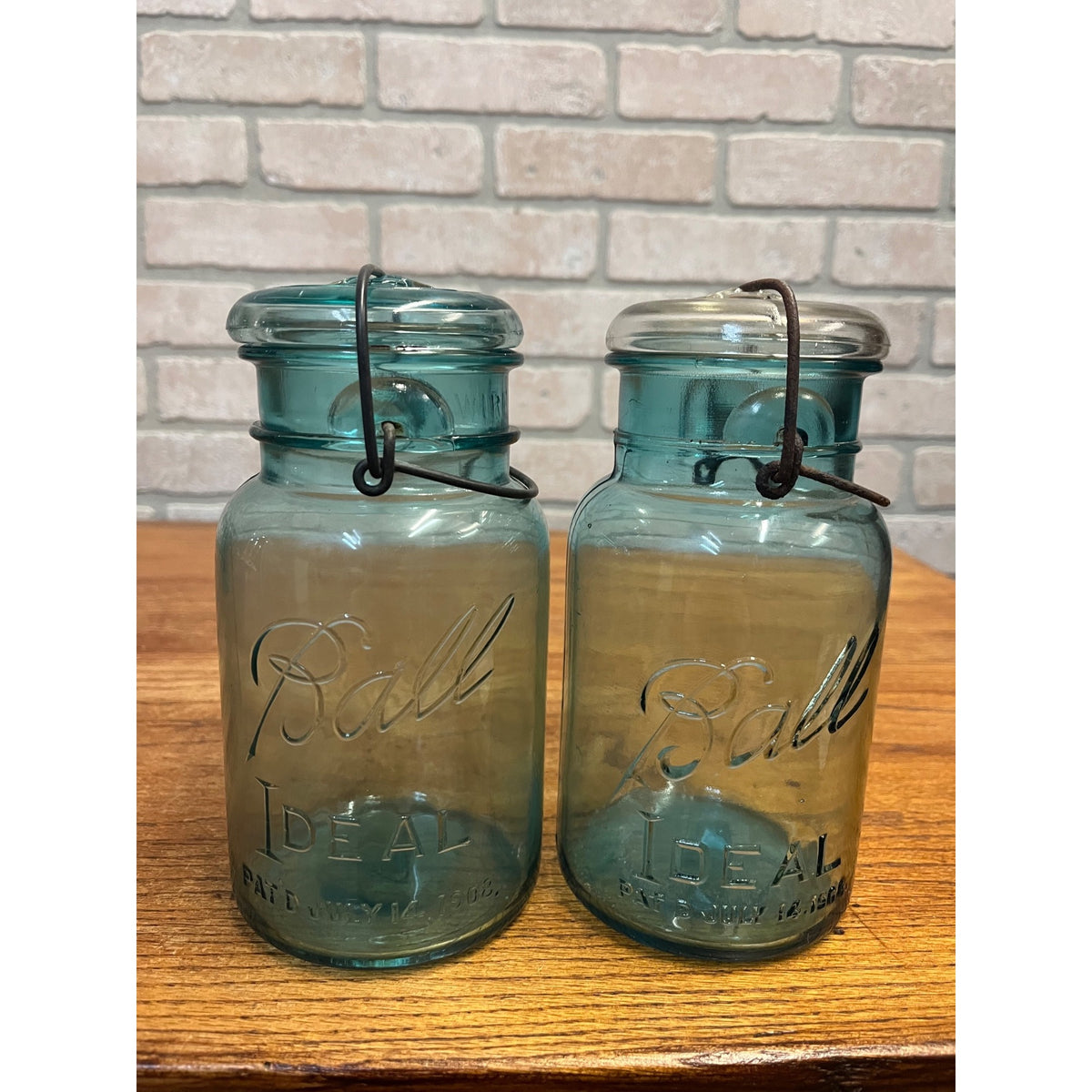 Vintage (2) Wire Bail Ball Ideal QUART Mason Jars Aqua Blue Glass Patented July 14th, 1908 Primitive Kitchen Decor