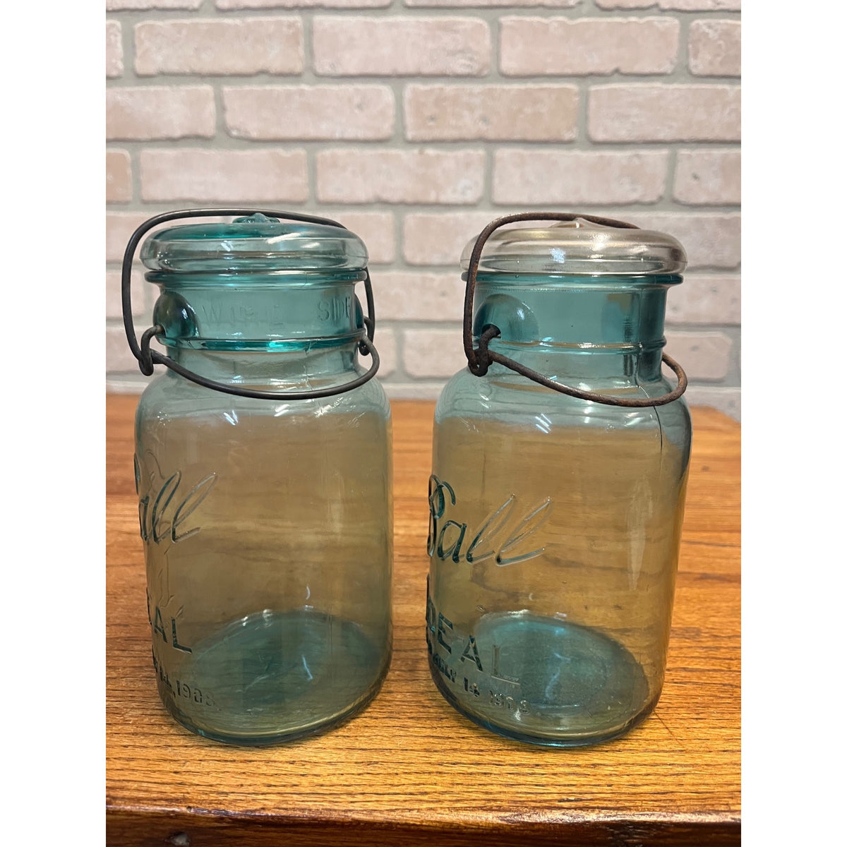 Vintage (2) Wire Bail Ball Ideal QUART Mason Jars Aqua Blue Glass Patented July 14th, 1908 Primitive Kitchen Decor