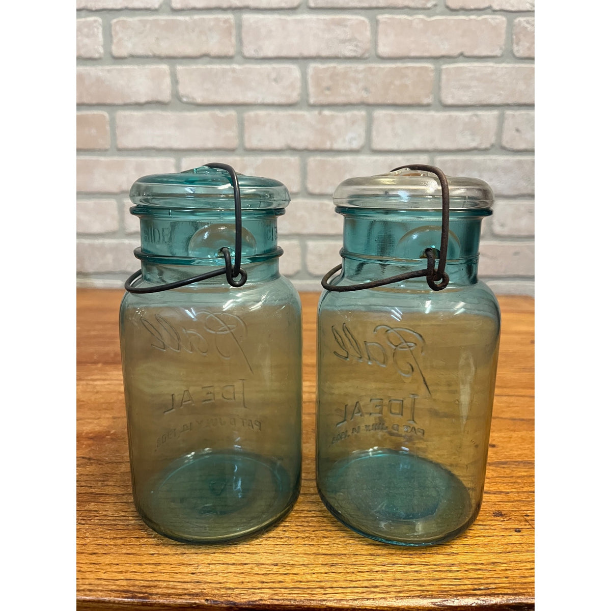 Vintage (2) Wire Bail Ball Ideal QUART Mason Jars Aqua Blue Glass Patented July 14th, 1908 Primitive Kitchen Decor