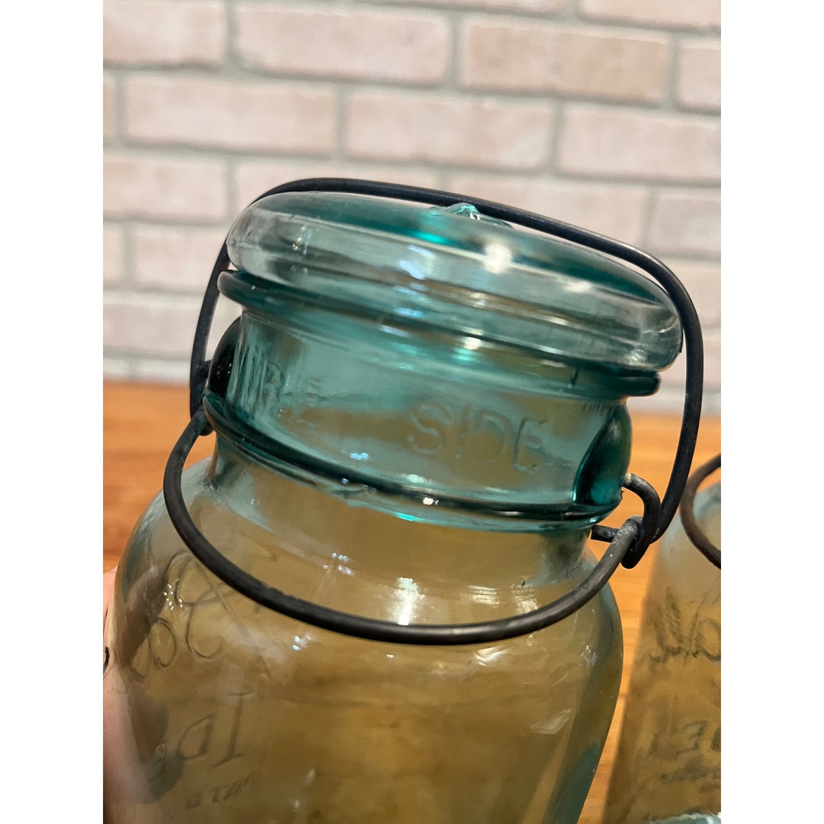 Vintage (2) Wire Bail Ball Ideal QUART Mason Jars Aqua Blue Glass Patented July 14th, 1908 Primitive Kitchen Decor