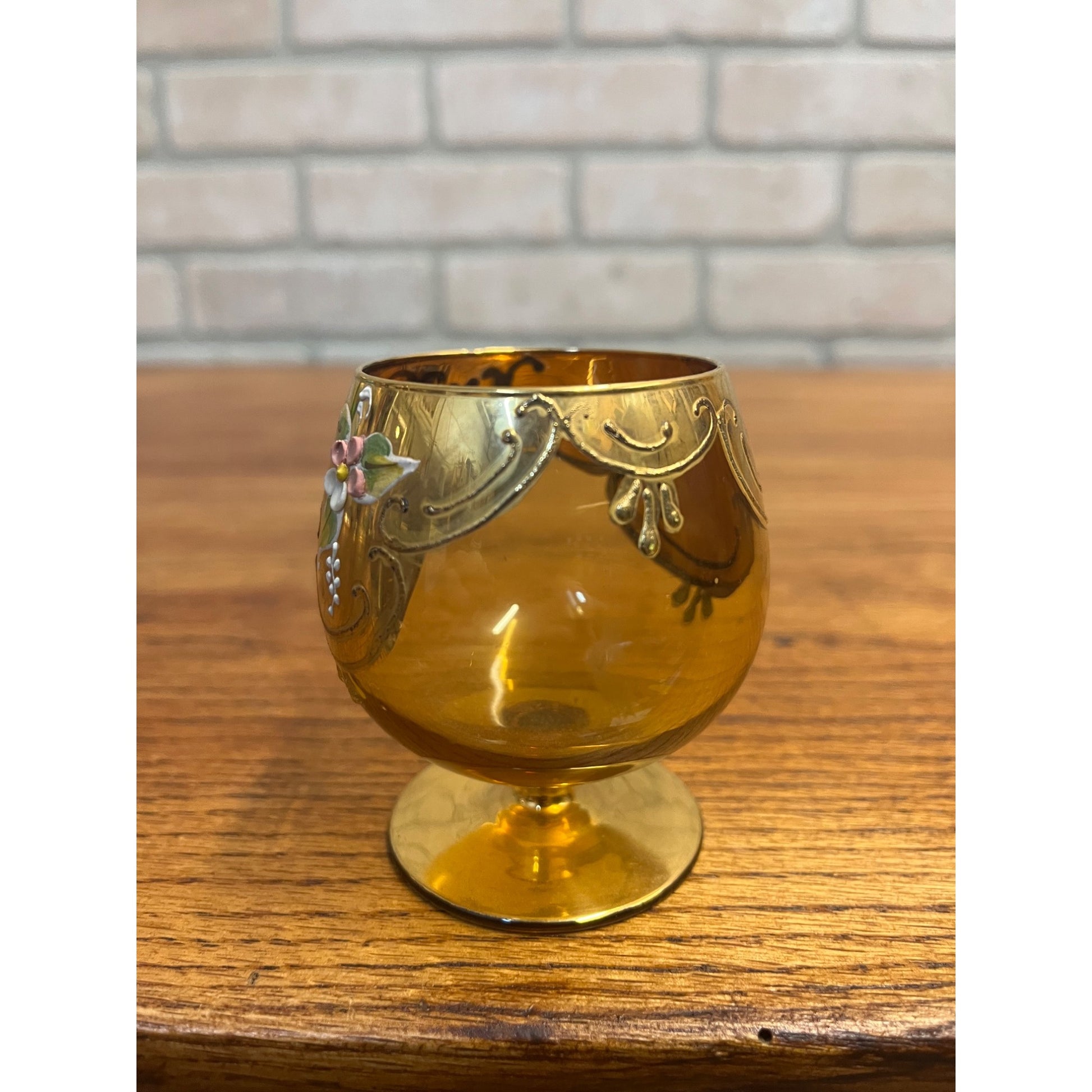Vintage Bohemian Czech Cordial Sniffer Glass Gold Hand Painted Enamel