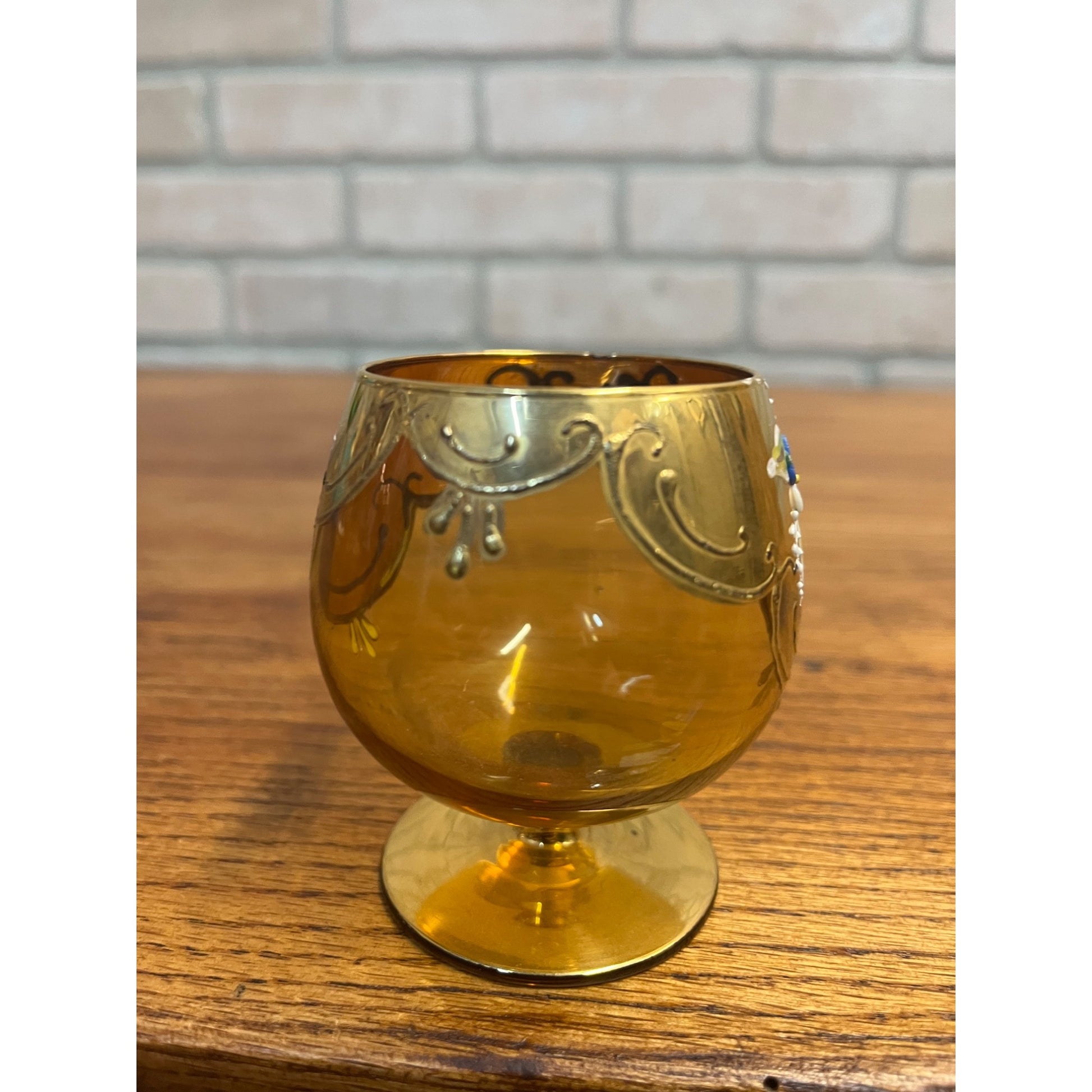 Vintage Bohemian Czech Cordial Sniffer Glass Gold Hand Painted Enamel