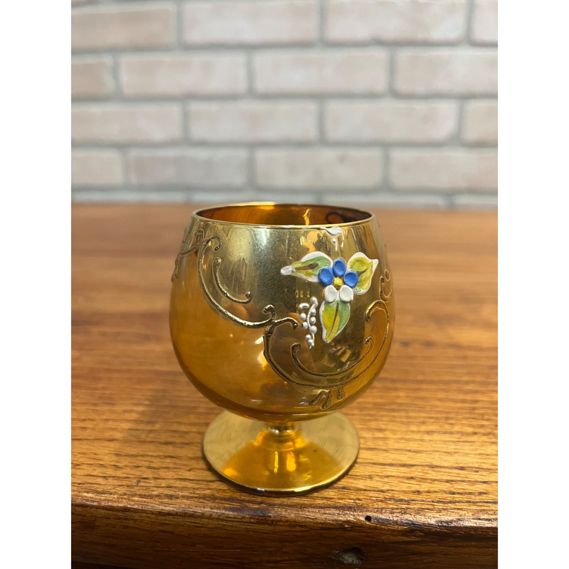 Vintage Bohemian Czech Cordial Sniffer Glass Gold Hand Painted Enamel