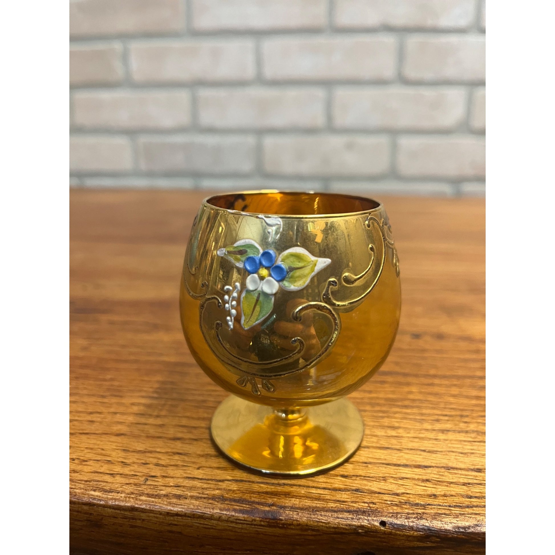 Vintage Bohemian Czech Cordial Sniffer Glass Gold Hand Painted Enamel