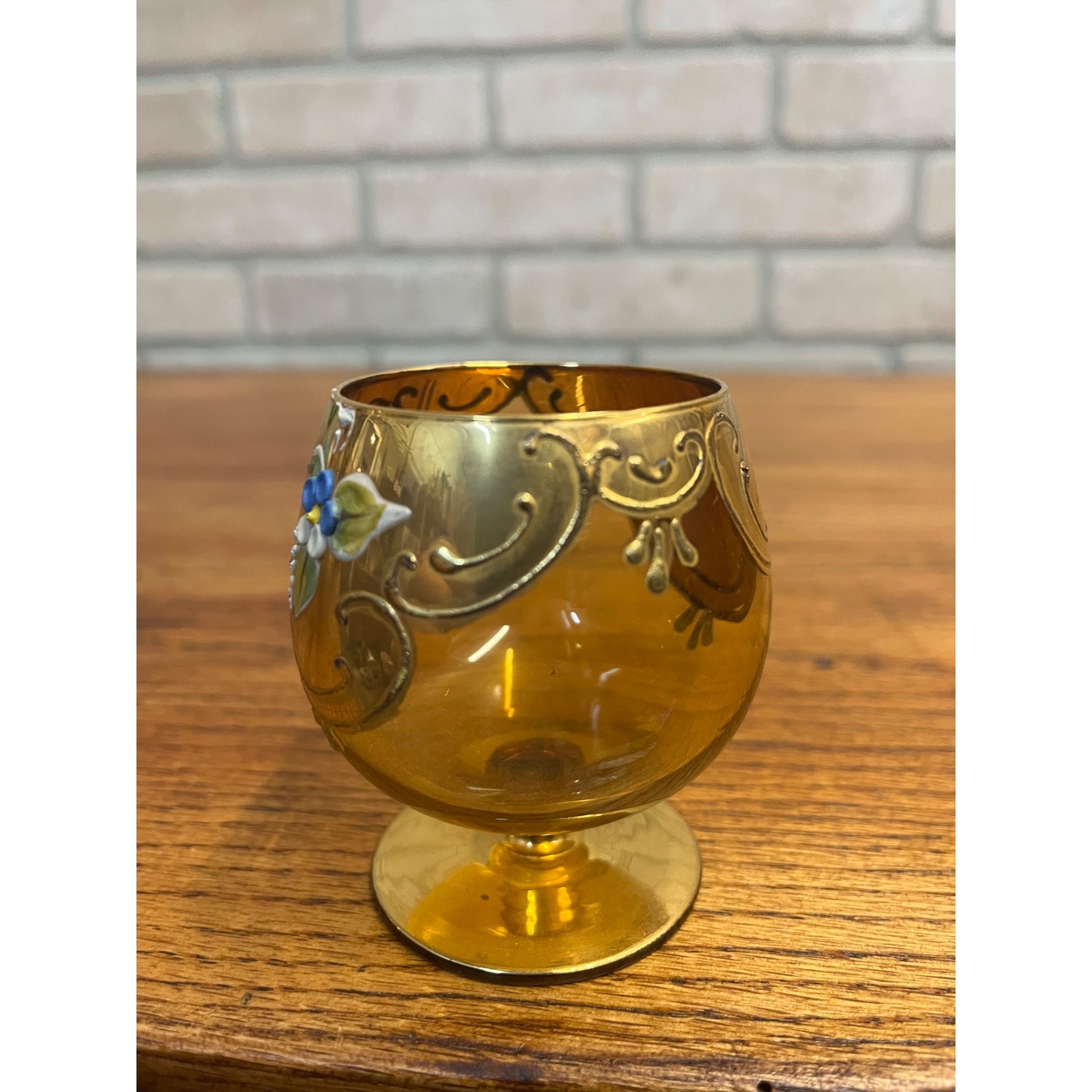 Vintage Bohemian Czech Cordial Sniffer Glass Gold Hand Painted Enamel