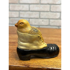 Vintage 1920s Celluloid Baby Rattle Bird in Shoe Easter Baby Chick Viscoloid Toy
