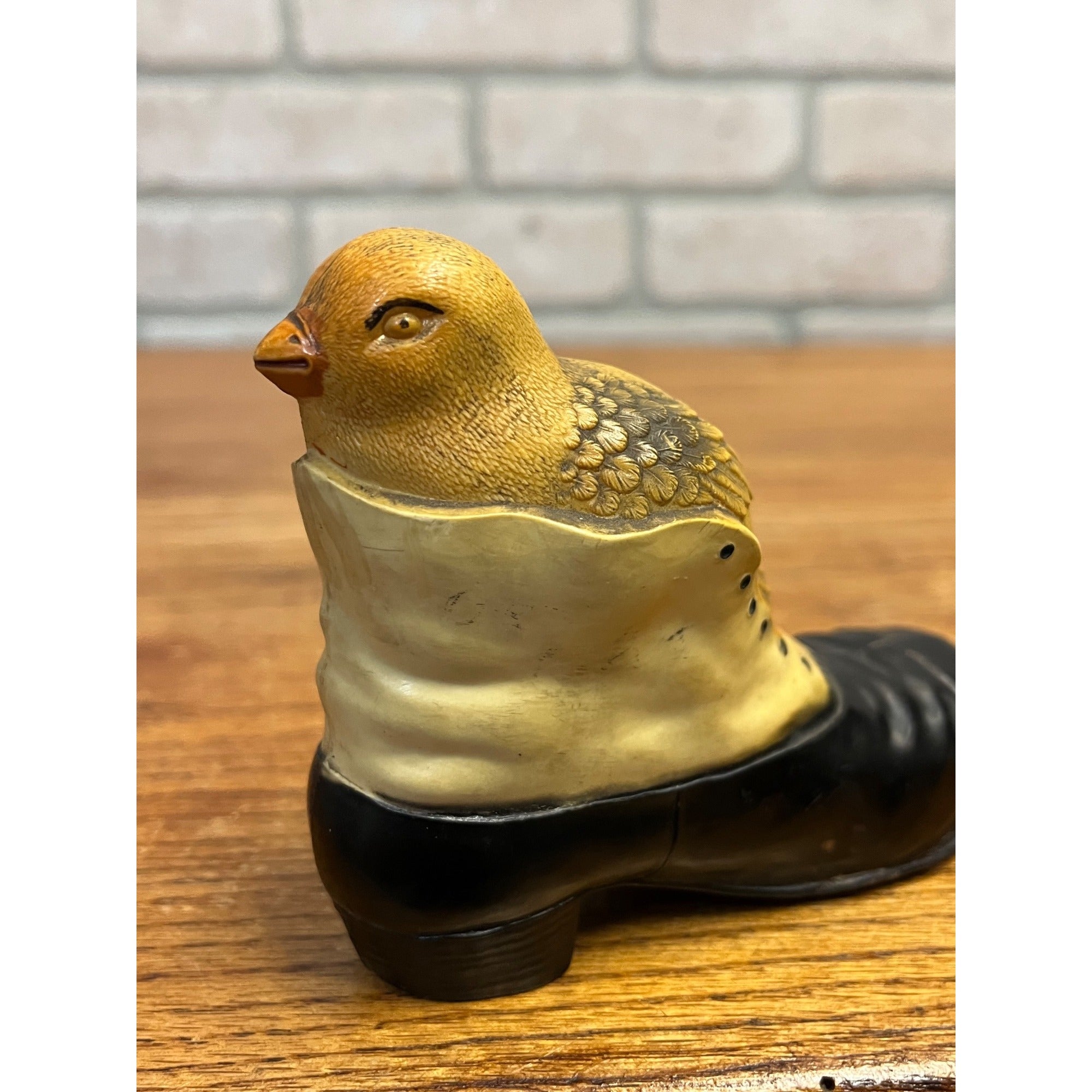 Vintage 1920s Celluloid Baby Rattle Bird in Shoe Easter Baby Chick Viscoloid Toy