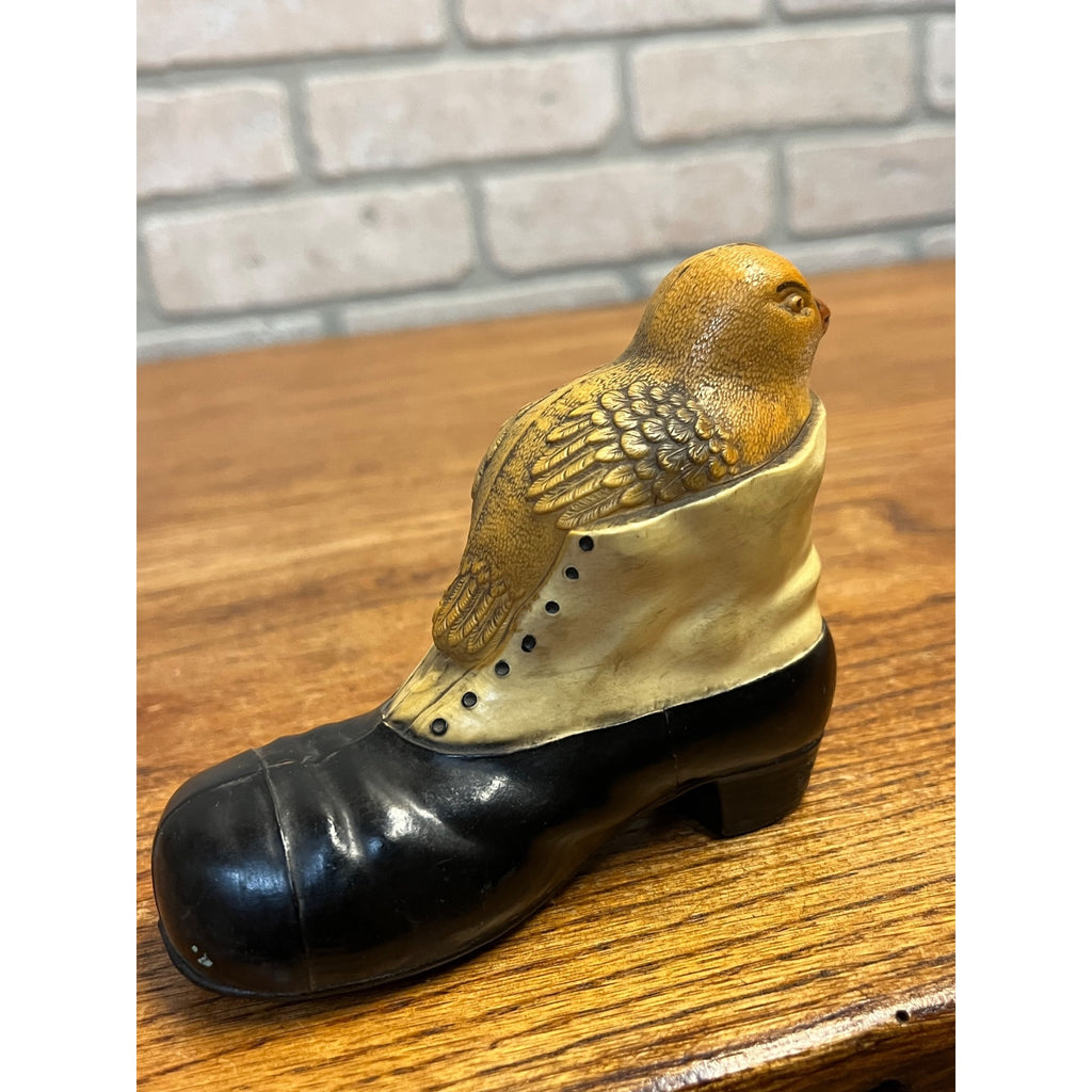 Vintage 1920s Celluloid Baby Rattle Bird in Shoe Easter Baby Chick Viscoloid Toy