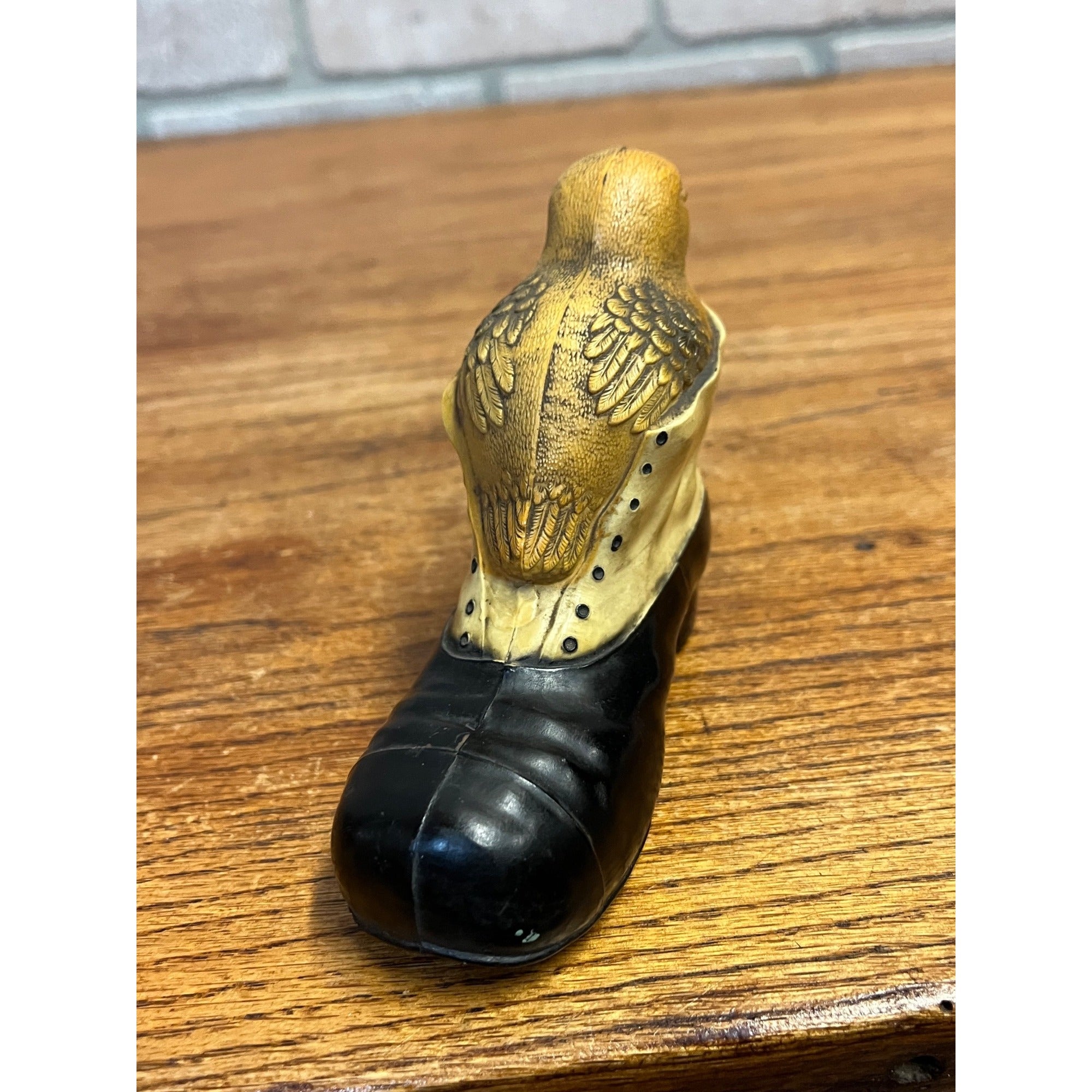 Vintage 1920s Celluloid Baby Rattle Bird in Shoe Easter Baby Chick Viscoloid Toy