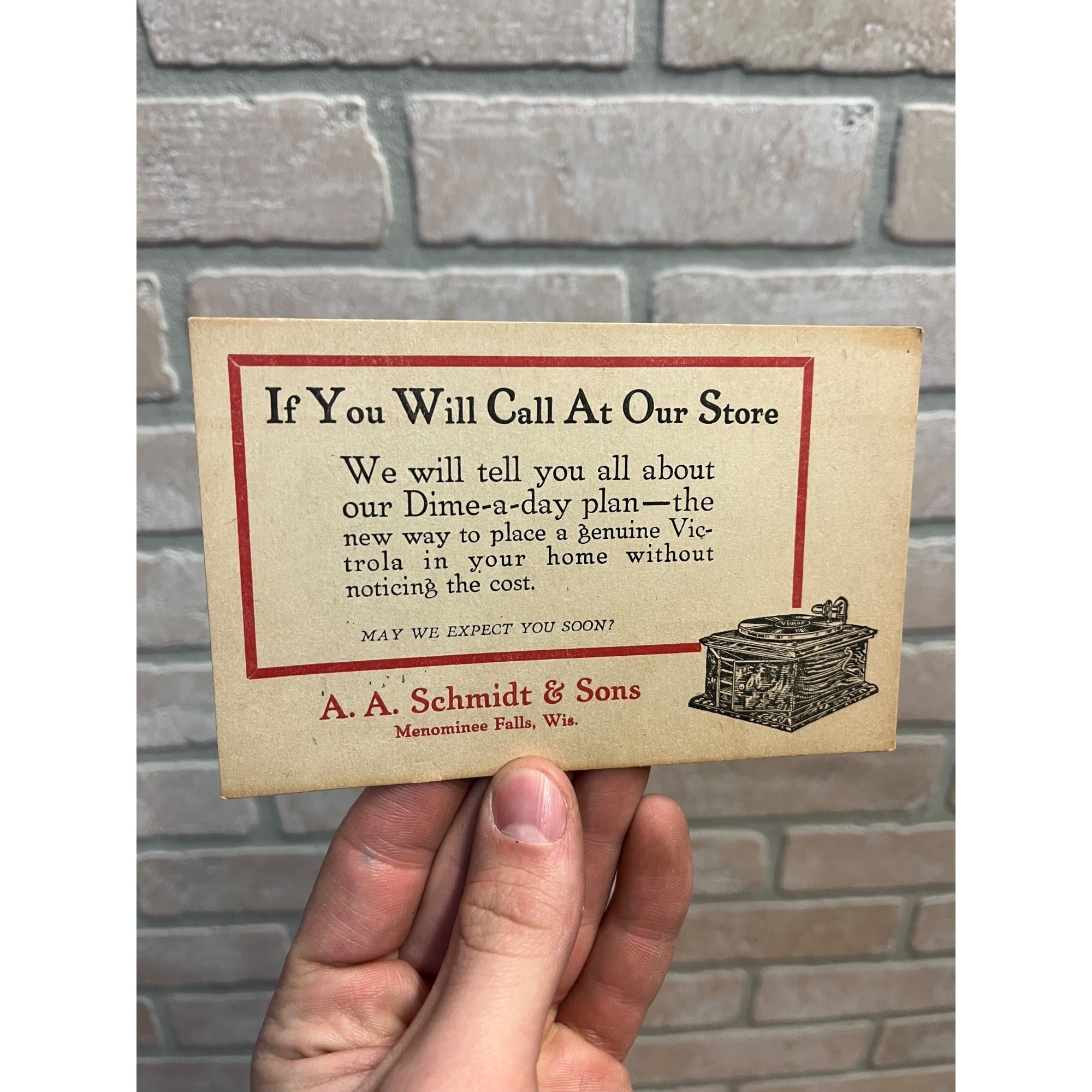 Vintage A.A. Schmidt & Sons Menominee Falls Wisconsin Victrola Advertising Card