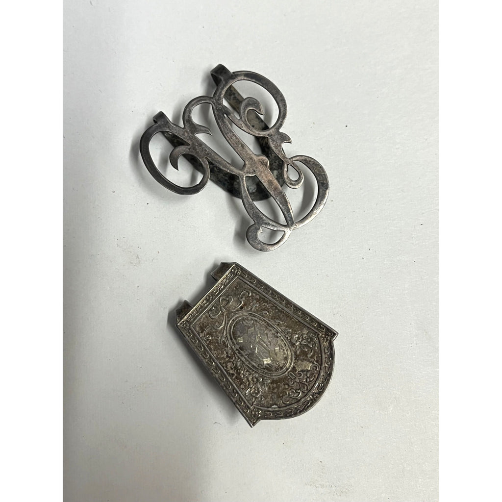 Vintage Lot (2) Men's Monogram Money / Napkin Clips Sterling & Sheffield EPNS
