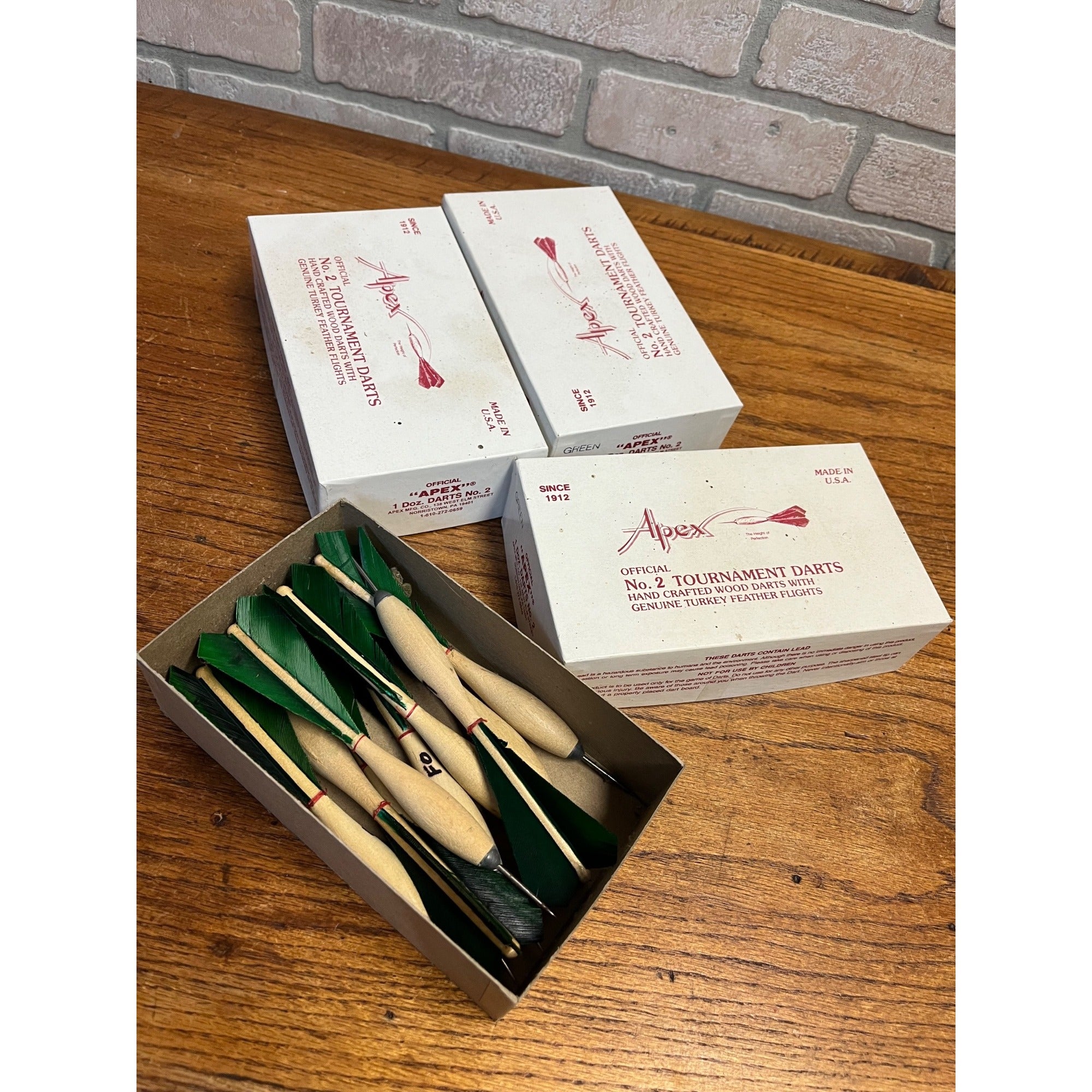 Vintage APEX No.2 Wood Tournament Darts Green Turkey Feathers