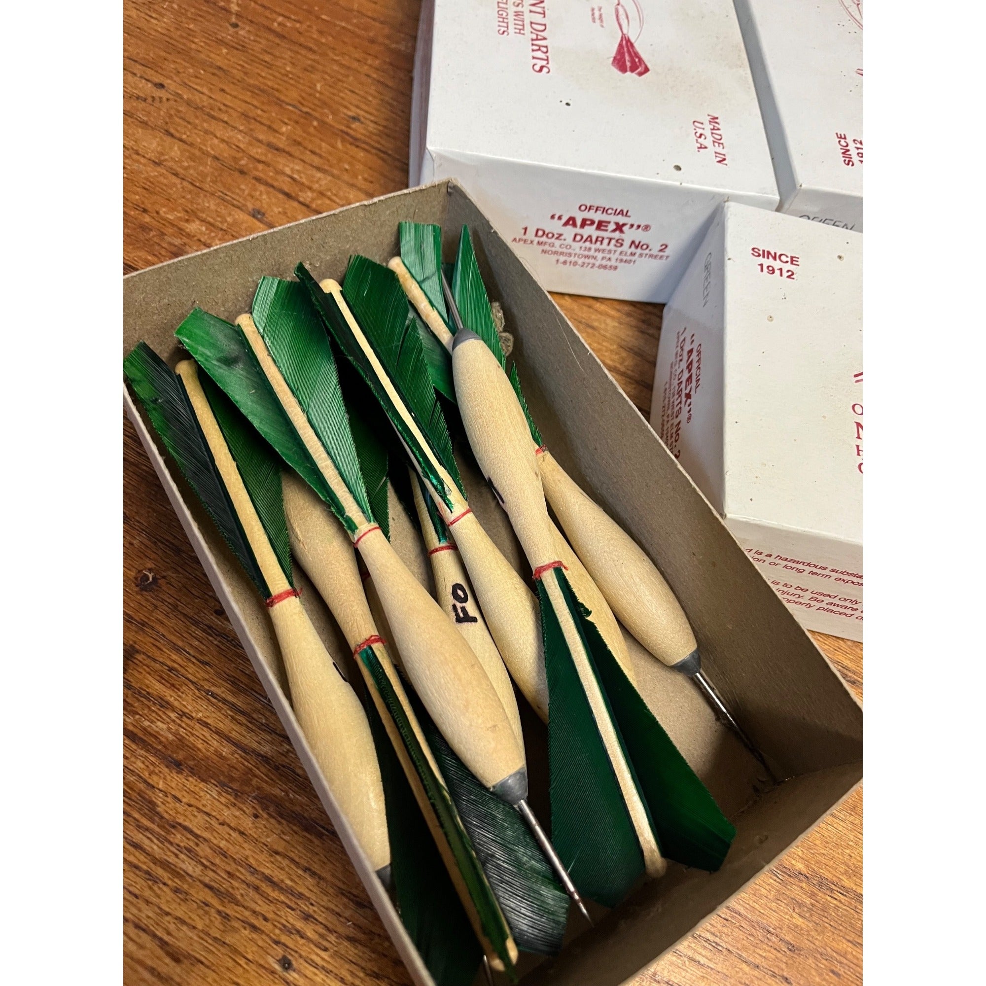 Vintage APEX No.2 Wood Tournament Darts Green Turkey Feathers