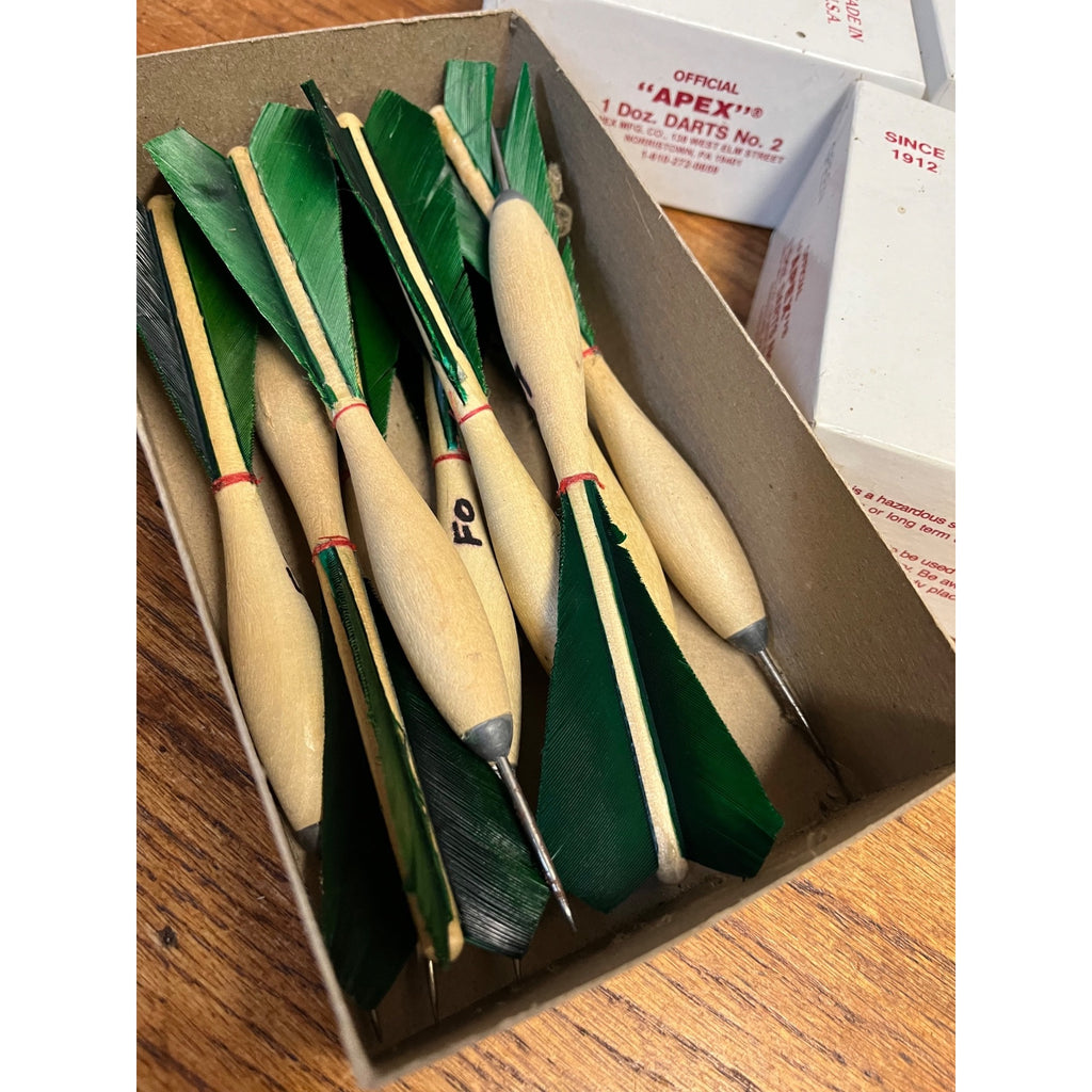 Vintage APEX No.2 Wood Tournament Darts Green Turkey Feathers